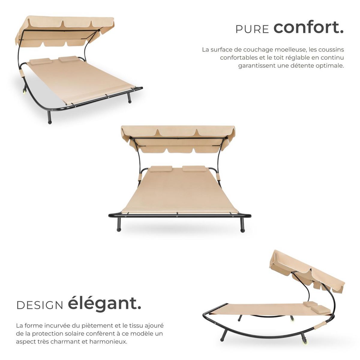 tectake Transat en acier pour 2 personnes noir/beige