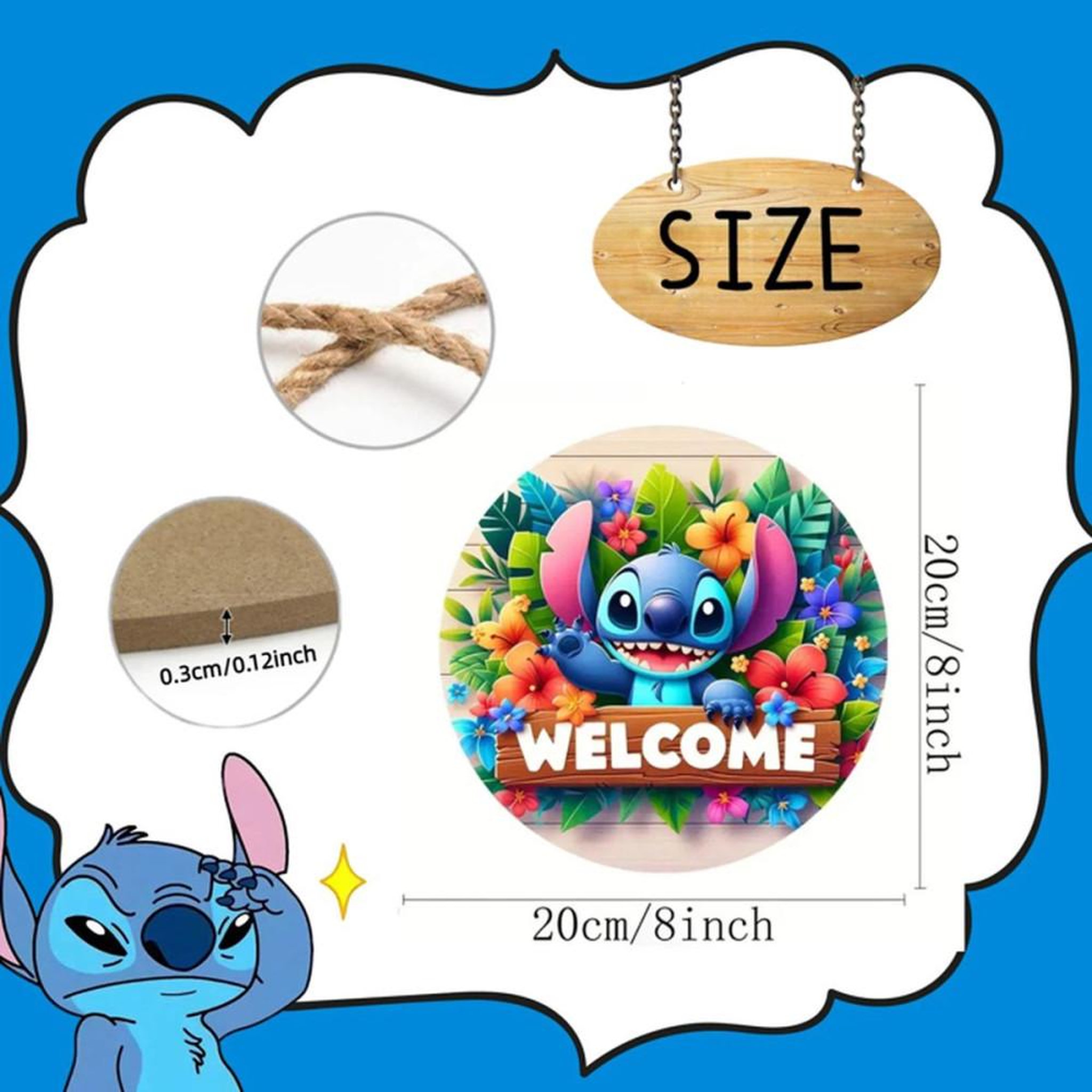 Voir la diapositive 2 : panneau décoratif suspendu rond WELCOME en bois imprimé multicolore, motif couture et personnage cartoon, fleurs et feuilles tropicales, pour portes et fenêtres, 20 cm