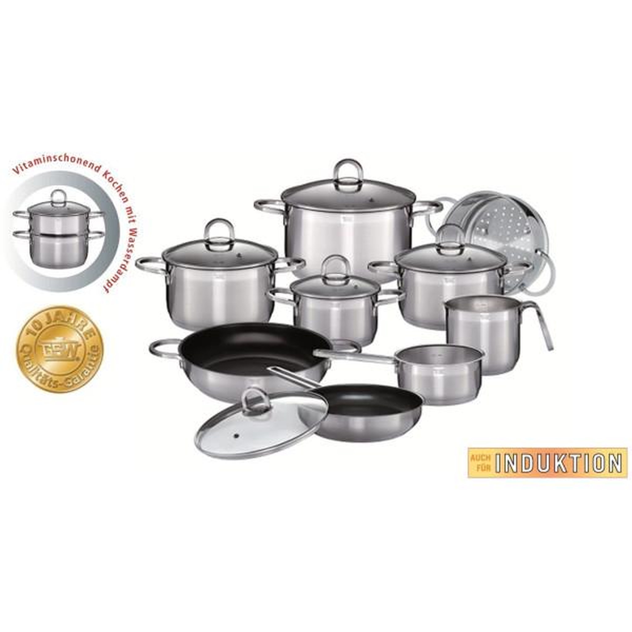 Voir la diapositive 2 : GSW Batterie de cuisine - Induction - GSW - ALARA - Acier inoxydable massif 18/10 - 14 pieces