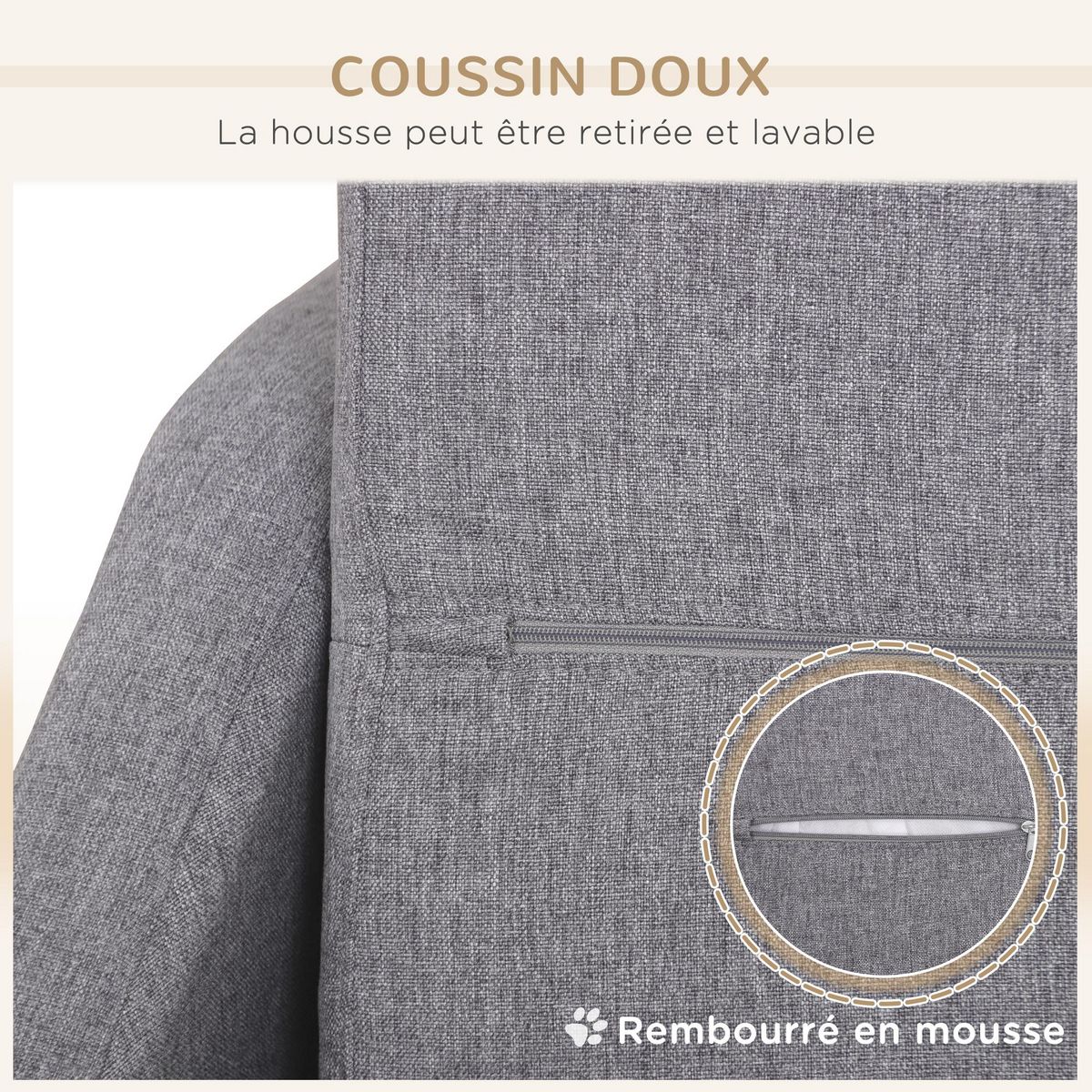 PAWHUT Canapé chien lit pour chien design scandinave déhoussable dim. 75L x 55l x 39H cm pieds bois tissu polyester gris