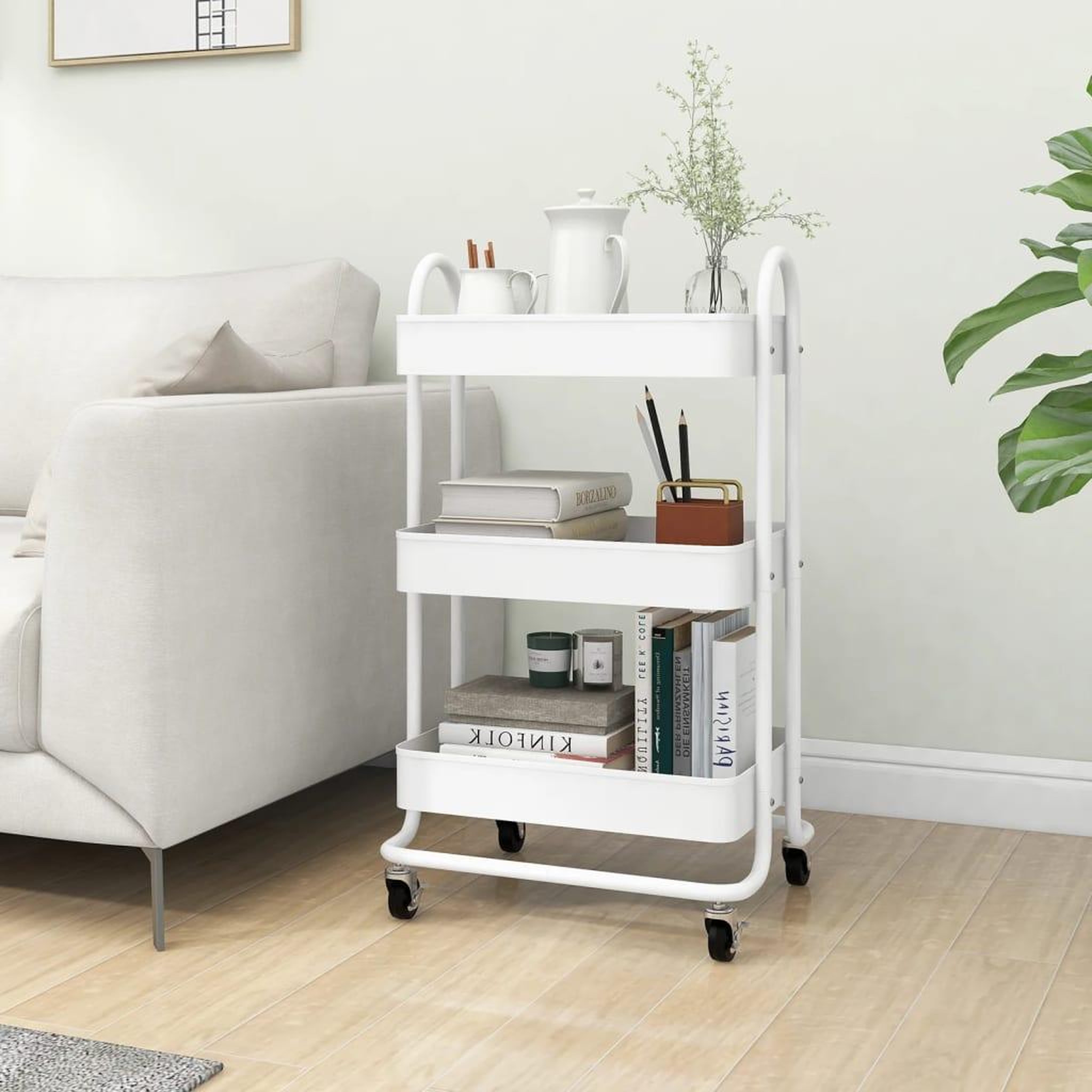 VIDAXL Chariot a 3 niveaux Blanc 43x34x79 cm Acier