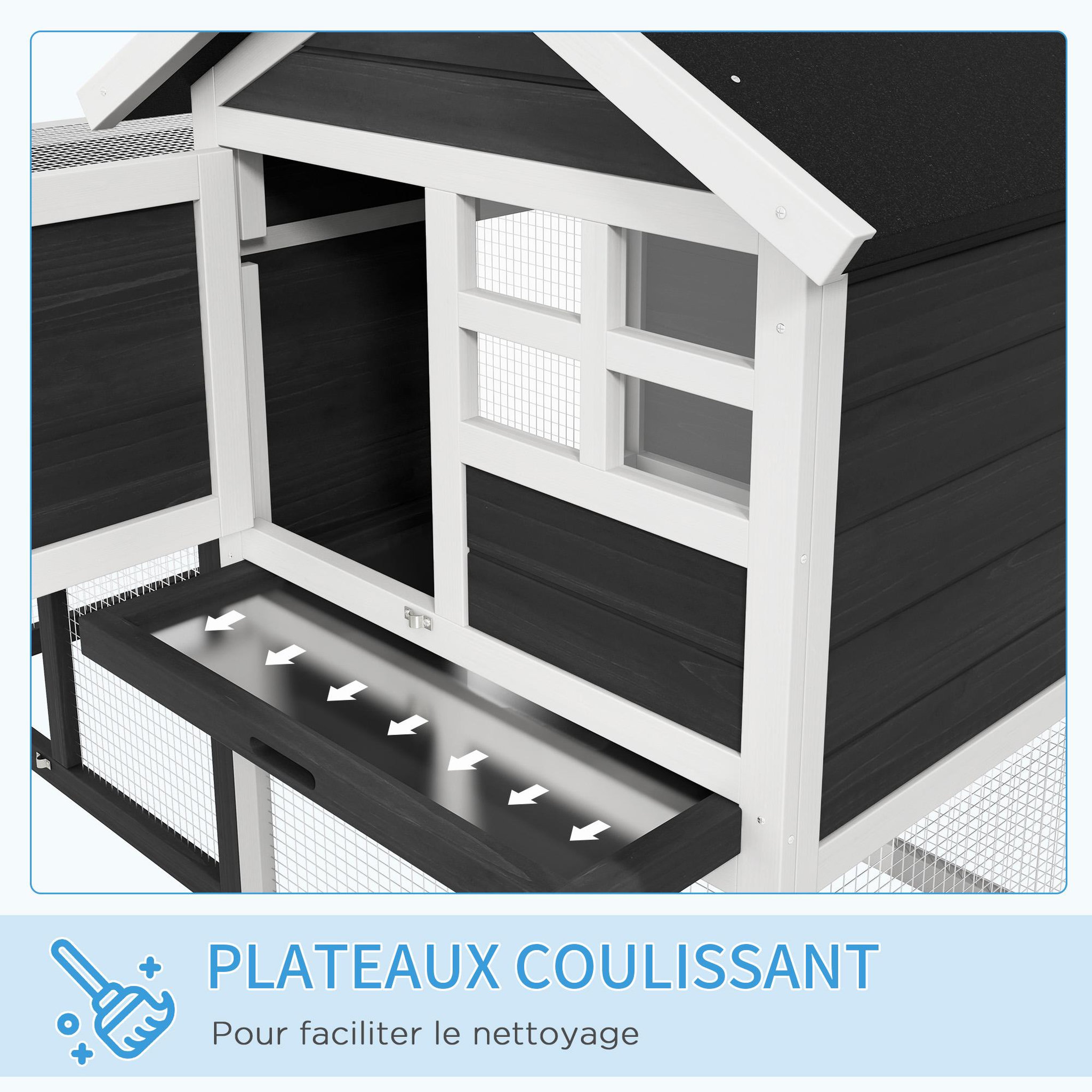Voir la diapositive 6 : PAWHUT Clapier cage à lapins multi-équipé : niche supérieure avec rampe, plateau excrément, fenêtre + enclos  extérieur sécurisé 2 portes 122l x 63l x 92h cm gris
