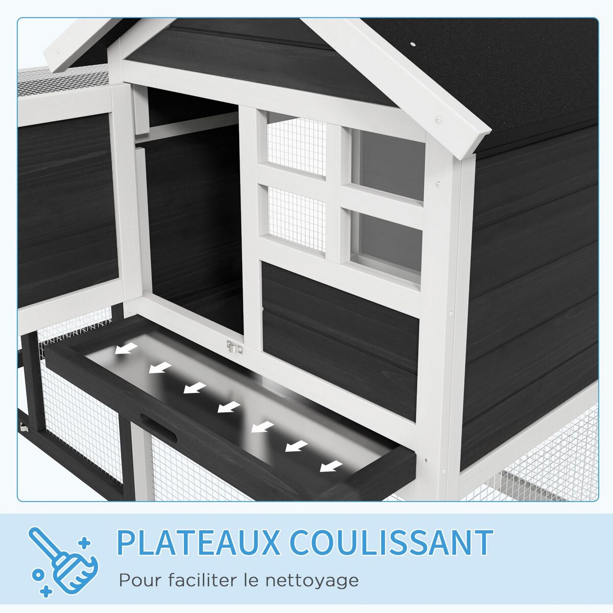 PAWHUT Clapier cage à lapins multi-équipé : niche supérieure avec rampe, plateau excrément, fenêtre + enclos  extérieur sécurisé 2 portes 122L x 63l x 92H cm gris