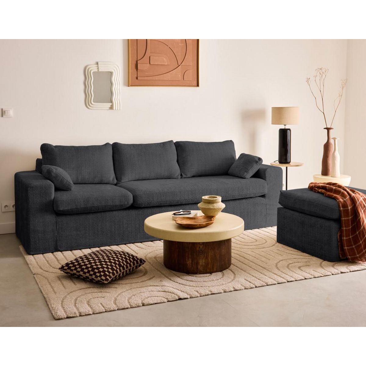 LISA DESIGN Calgary - canapé d'angle déhoussable et modulable 3 places + 1 pouf en velours texturé