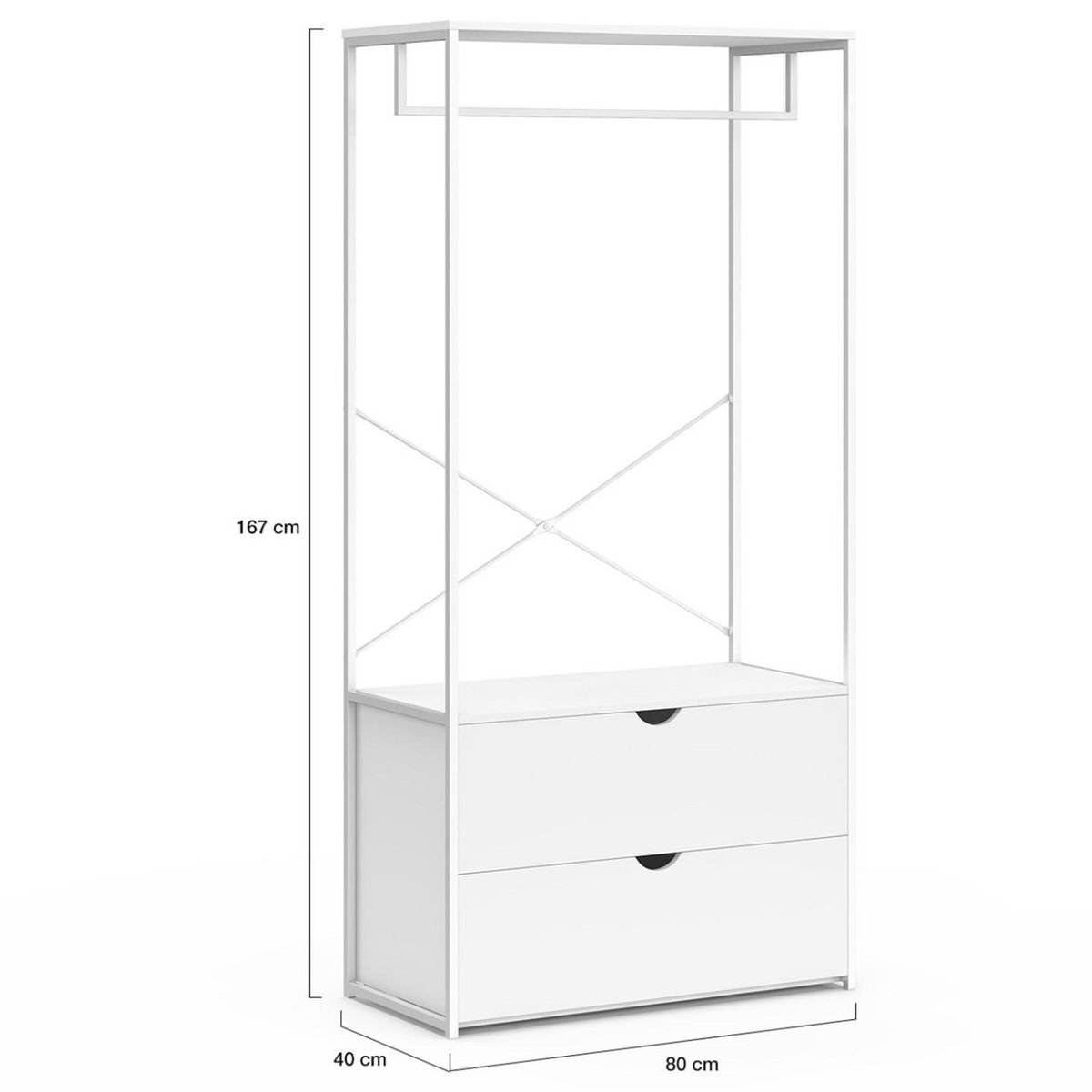 ID MARKET Dressing penderie 2 tiroirs L. 80 cm BROOKLYN bois blanc et métal blanc