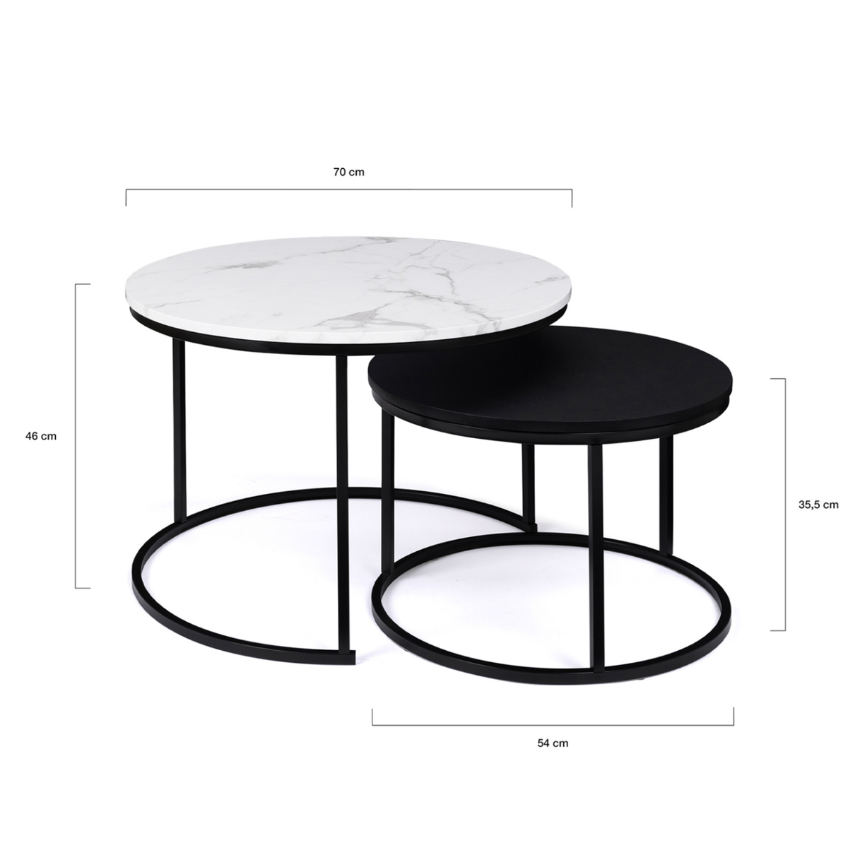 ID MARKET Lot de 2 tables basses gigognes ALASKA rondes 54/70 effet marbre et noir pieds métal