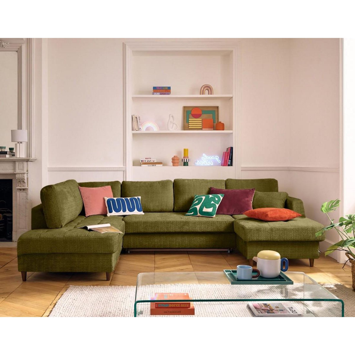 LISA DESIGN Anna - canapé panoramique d'angle gauche 7 places convertible avec coffre en velours texturé