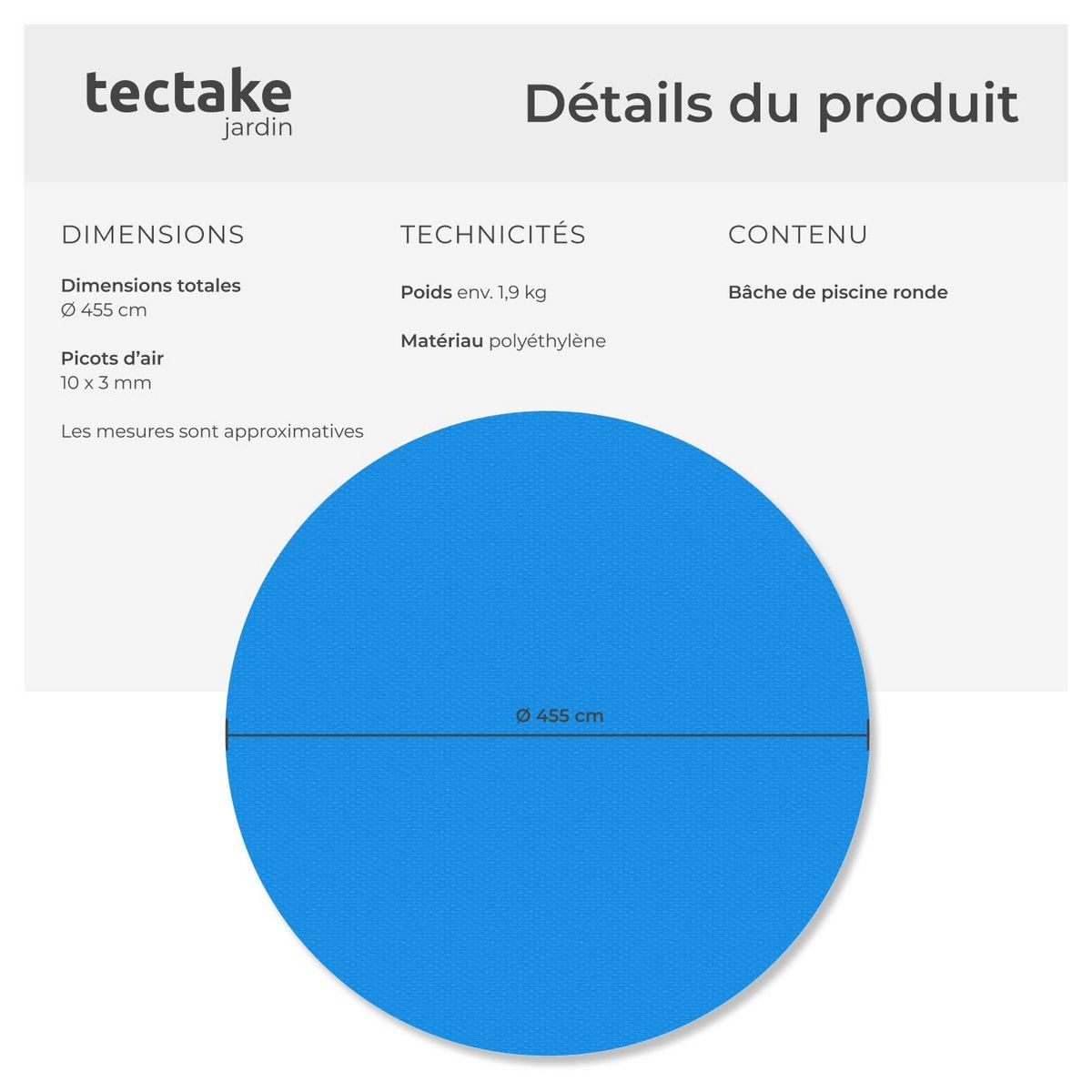 tectake Bâche de piscine Rectangulaire et Auto-flottant bleu Ø 455 cm