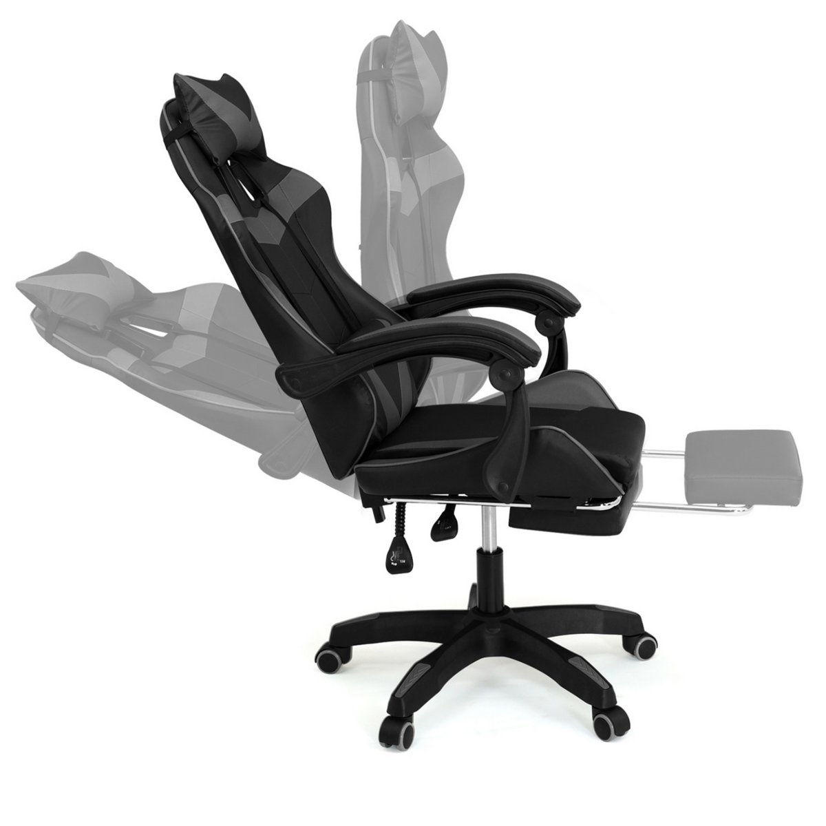 ID MARKET Fauteuil de gaming ALEX réglable avec repose-pied, coussin de tête et coussin lombaire noir et gris