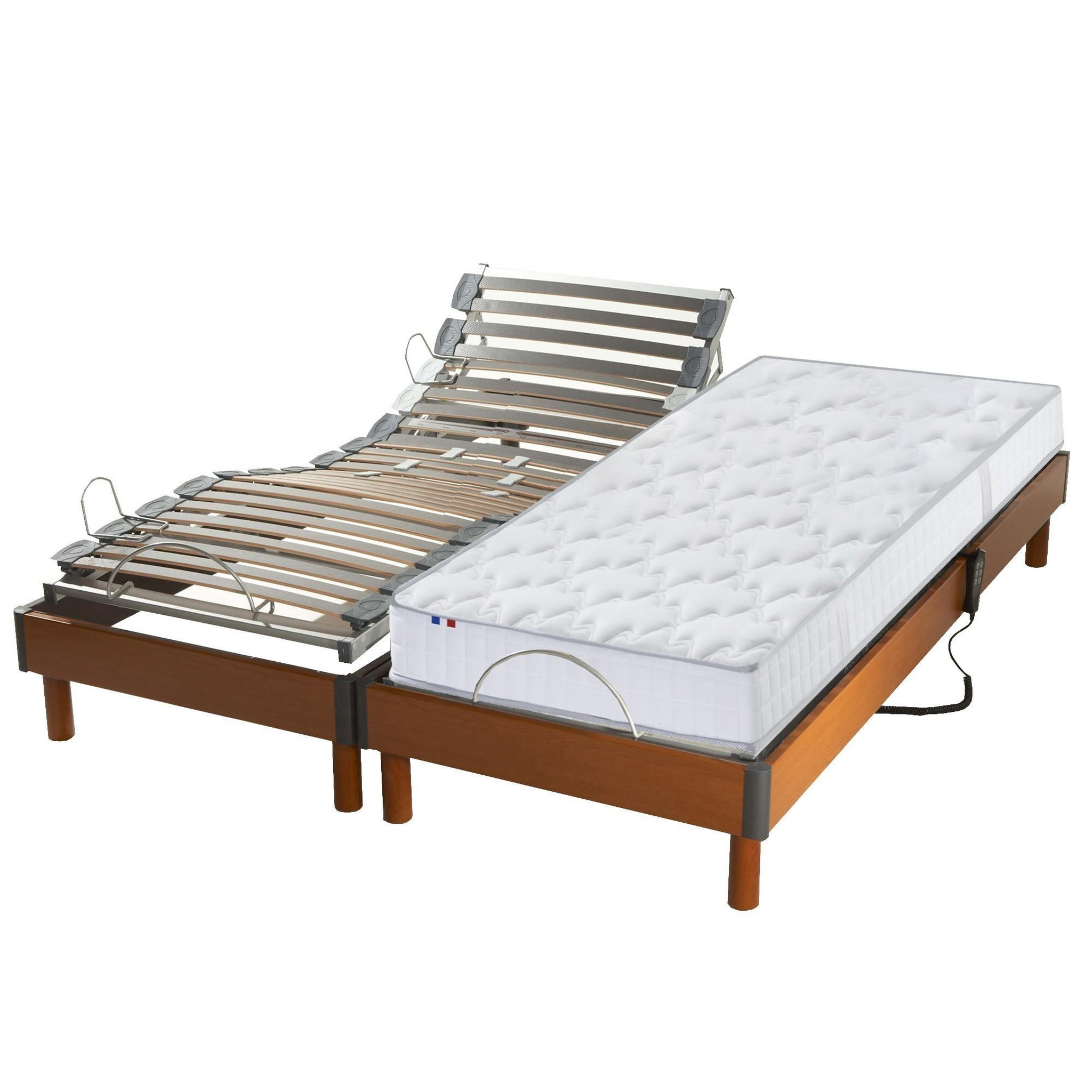 Voir la diapositive 2 : IDLITERIE Ensemble lit électrique relaxation réglage fermeté lombaire  - Matelas ressorts 23 cm