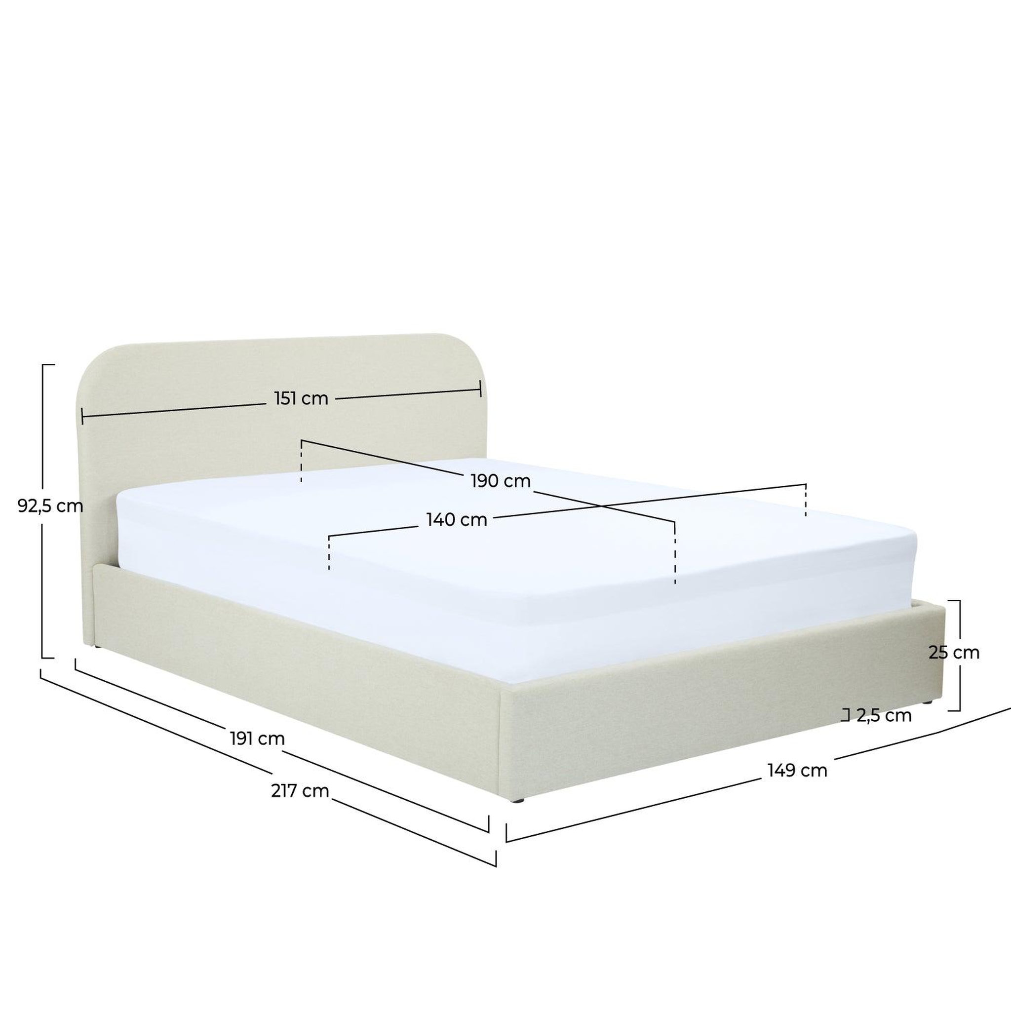 Voir la diapositive 4 : MAISON PAVANE Lit double avec coffre 140x190 cm en tissu gris/beige-tilly