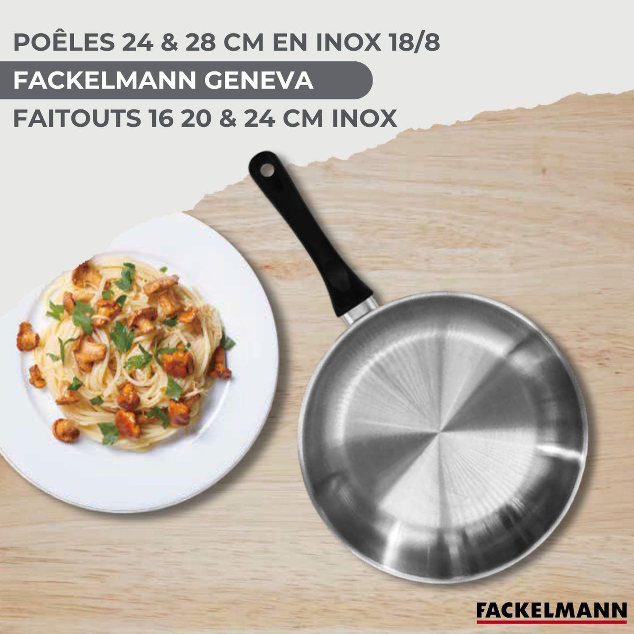 Voir la diapositive 2 : Fackelmann Batterie de cuisine avec 2 poêles 24/28 cm et 3 faitouts 16/20/24 cm en inox sans pfas fackelmann généva brillant