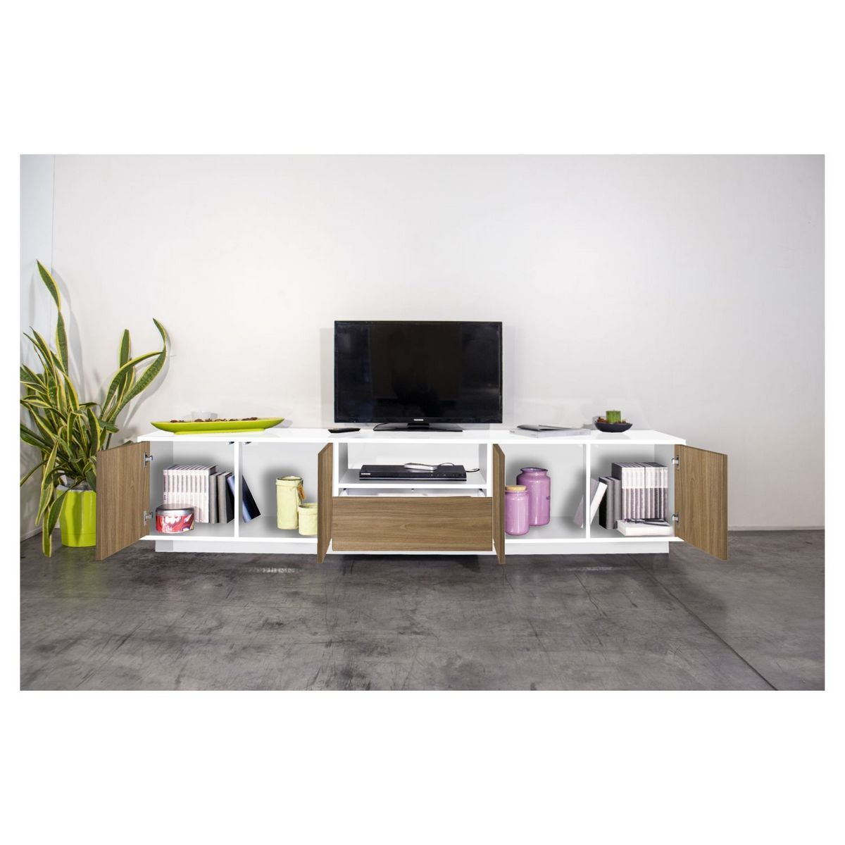 Meuble TV moderne 4 portes 1 tiroir 220 cm LUCERA
