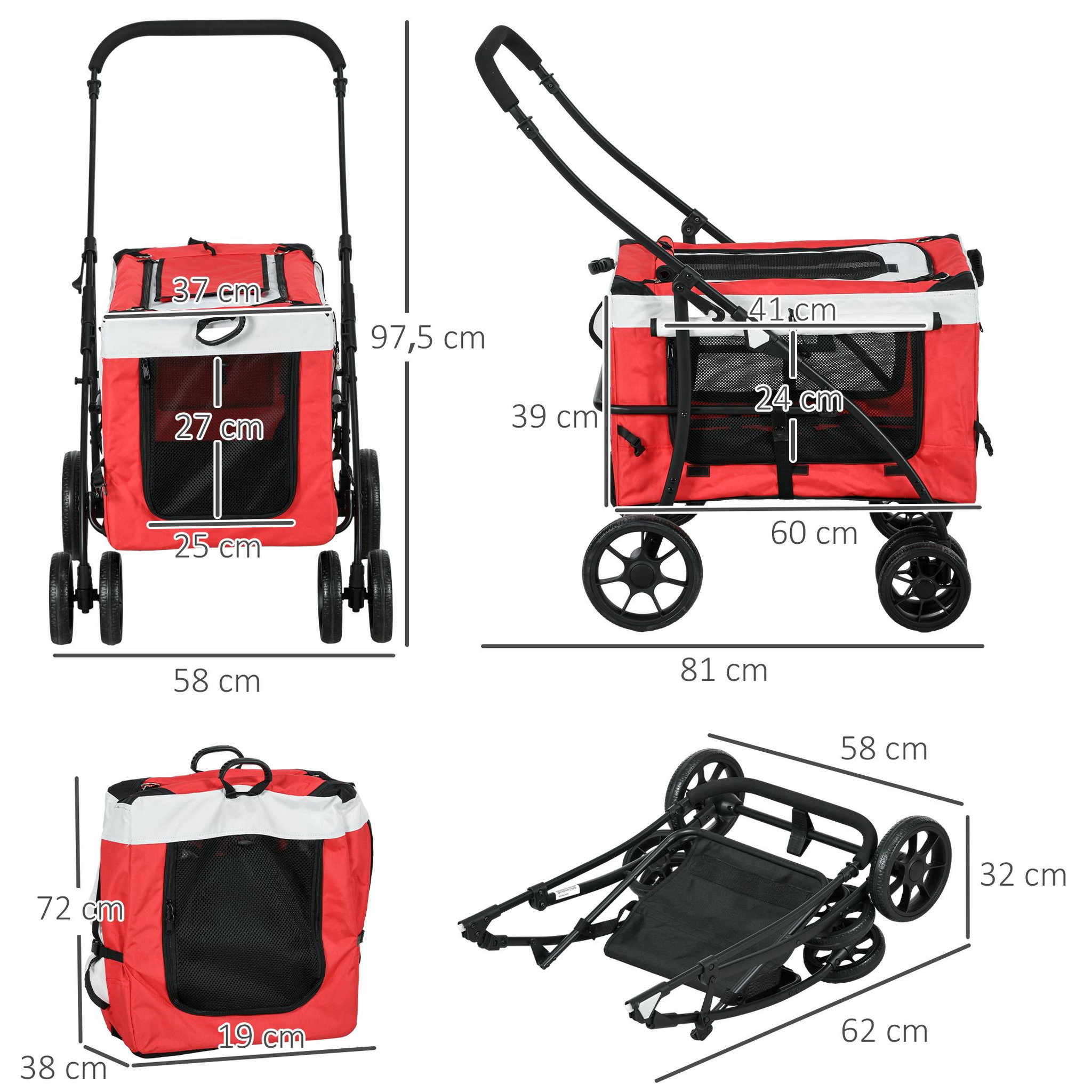 Voir la diapositive 3 : PAWHUT Poussette pliable animaux chien chat nacelle amovible 4 roues rouge