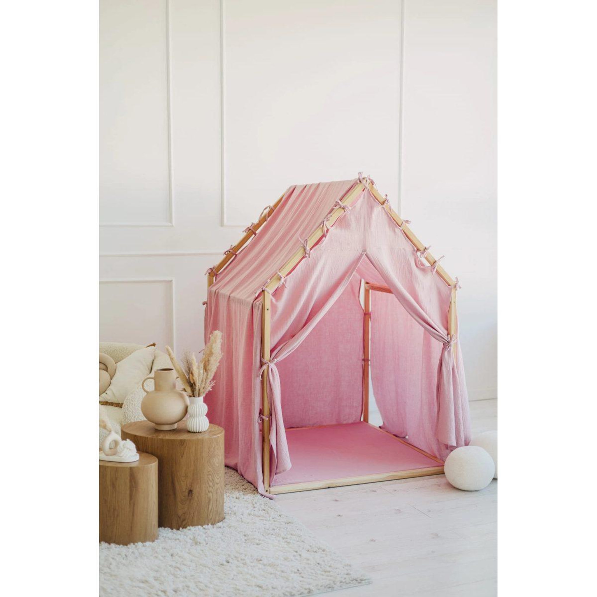 Voir la diapositive 3 : MONIO FOR KIDS Cabane de jeu en bois et mousseline 106 x 106 x 150 cm, portes — Rose