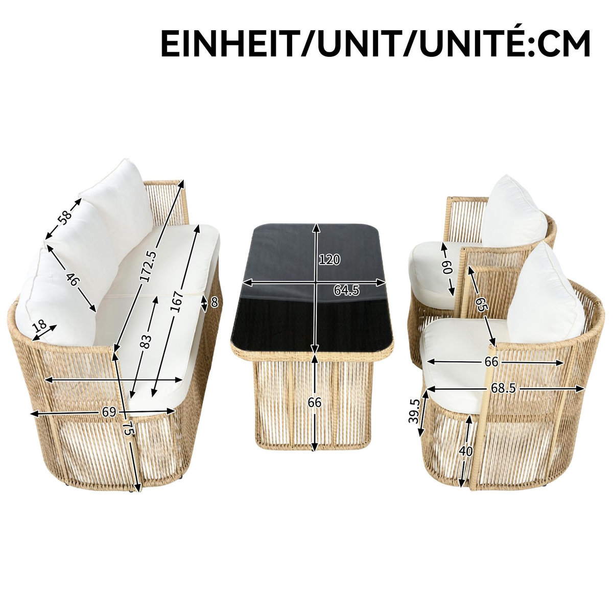 MERAX Salon de jardin 5 places avec canapé 3 places, 2 fauteuils et table verre,beige blanc