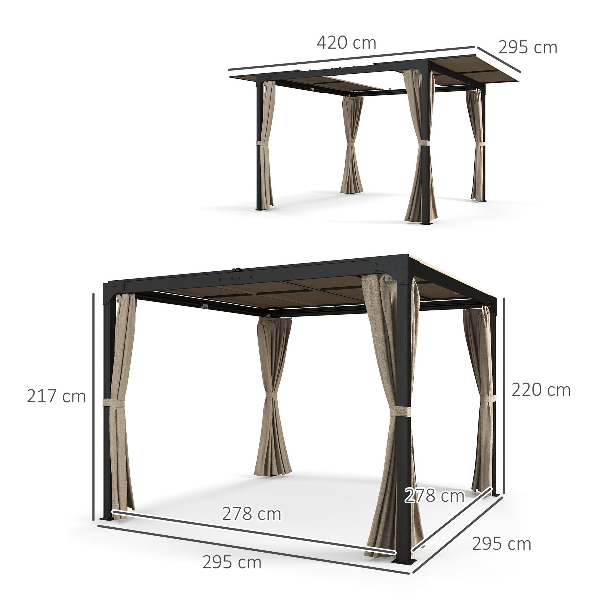 Voir la diapositive 3 : OUTSUNNY Pergola rétractable dim. 2,95L x 2,95l x 2,20H m double toit coulissant 4 rideaux alu. acier noir polyester beige