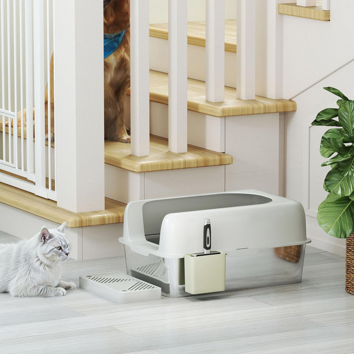 PAWHUT Bac à litière chat en acier inoxydable 60 x 40 x 29 cm nombreux accessoires gris
