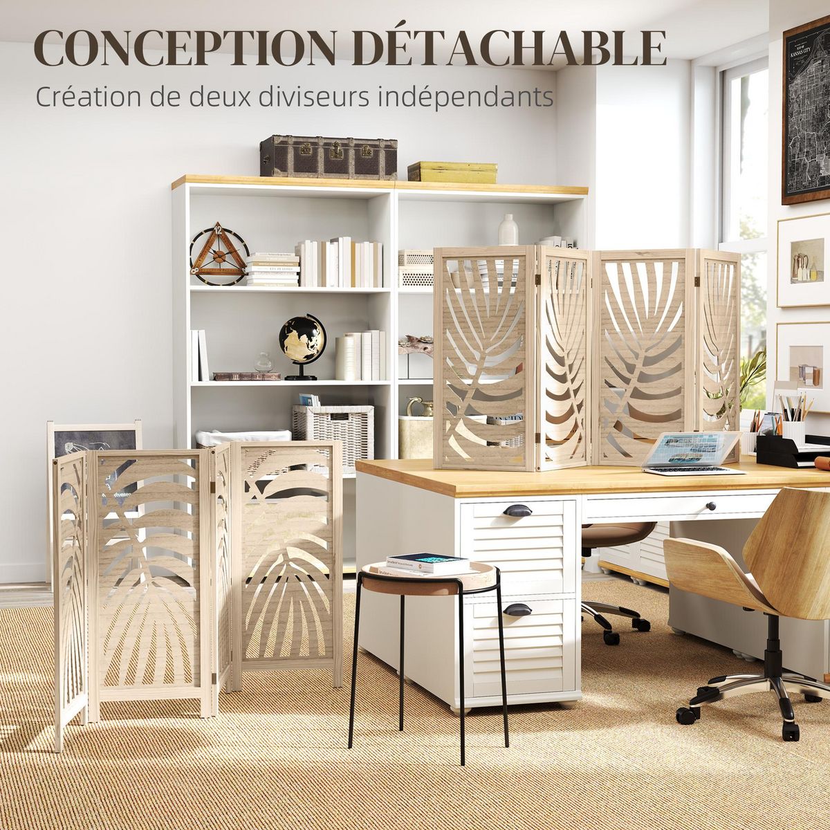 HOMCOM Paravent interieur 4 panneaux style exotique - séparateur pliable ajustable 2 parties - bois ajouré feuilles