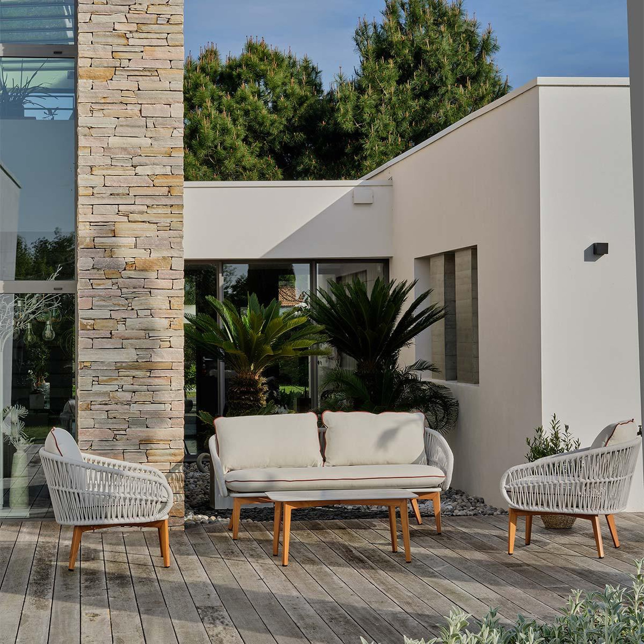Voir la diapositive 2 : DCB GARDEN Salon de Jardin 5 Places  Cuzco  166cm Naturel & Blanc