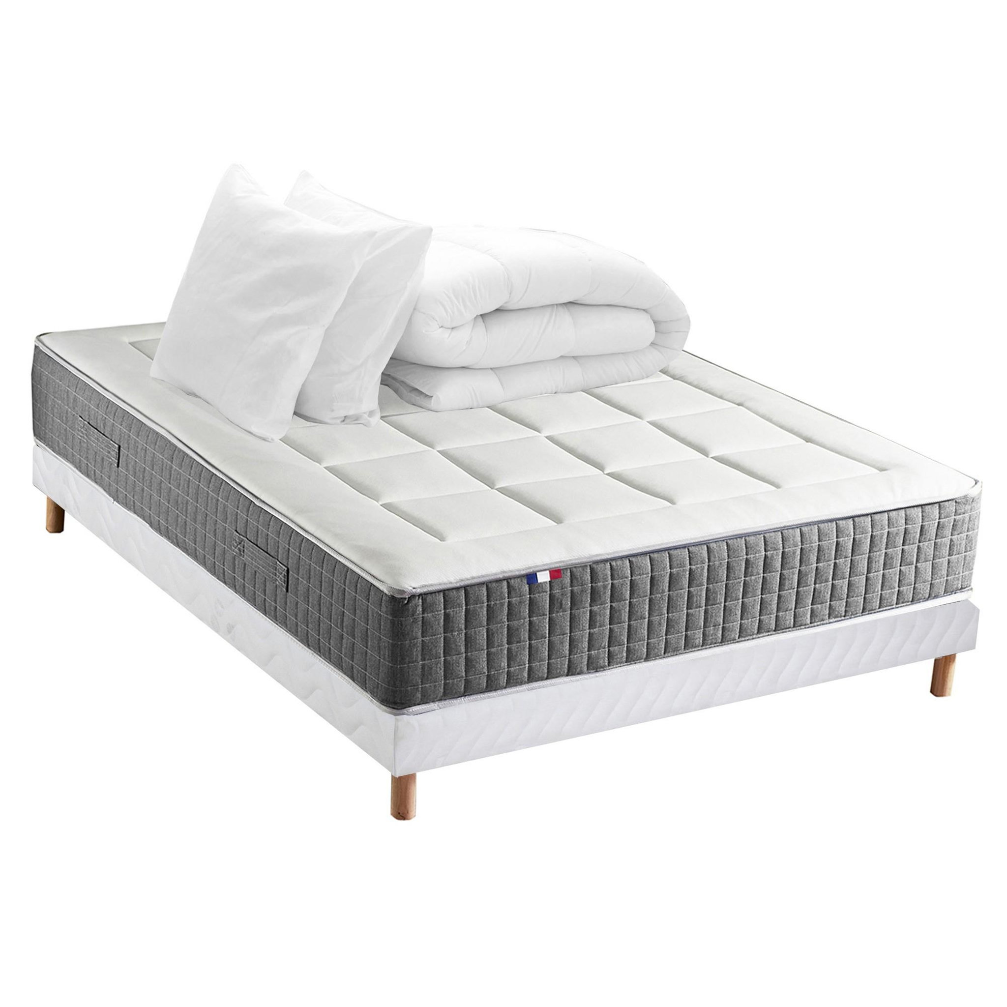 IDLITERIE Matelas ressorts MAX, 7 zones, sommier rigide, pack couette oreiller. Coloris disponibles : Gris, Bleu, Vert