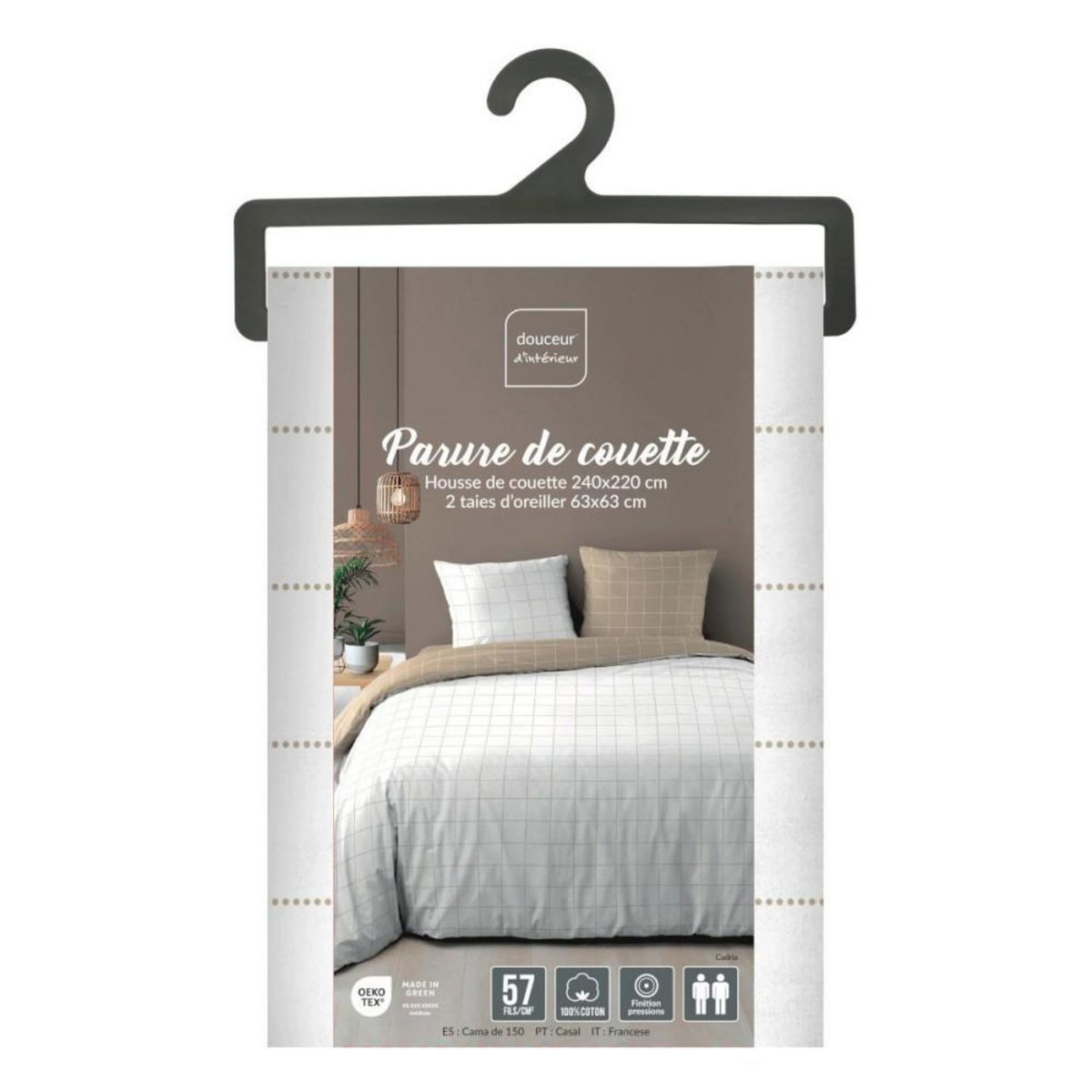Douceur d'Intérieur Housse de couette 240x220 + 2 taies CARREAUX 100% coton 57fils