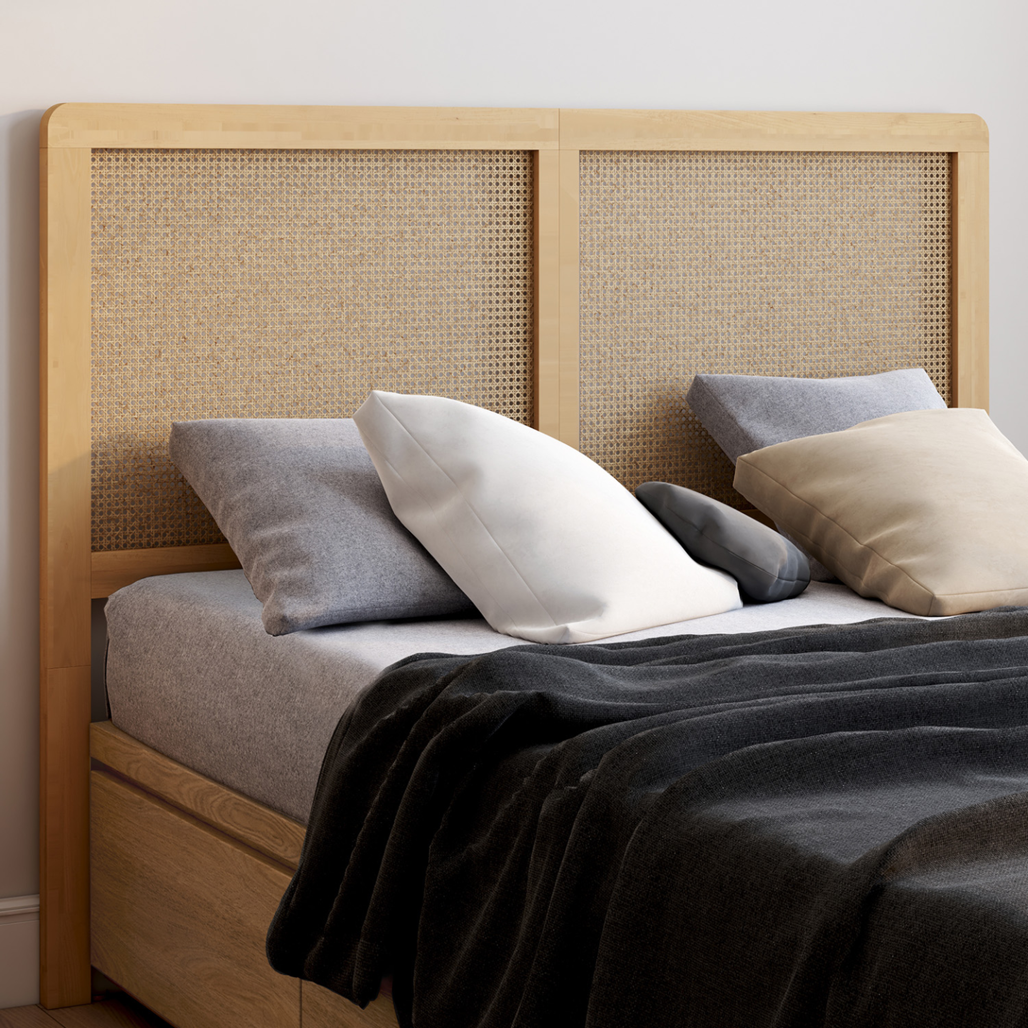 Voir la diapositive 2 : ID MARKET Tête de lit sur pied edhen 140 cm cannage et bois