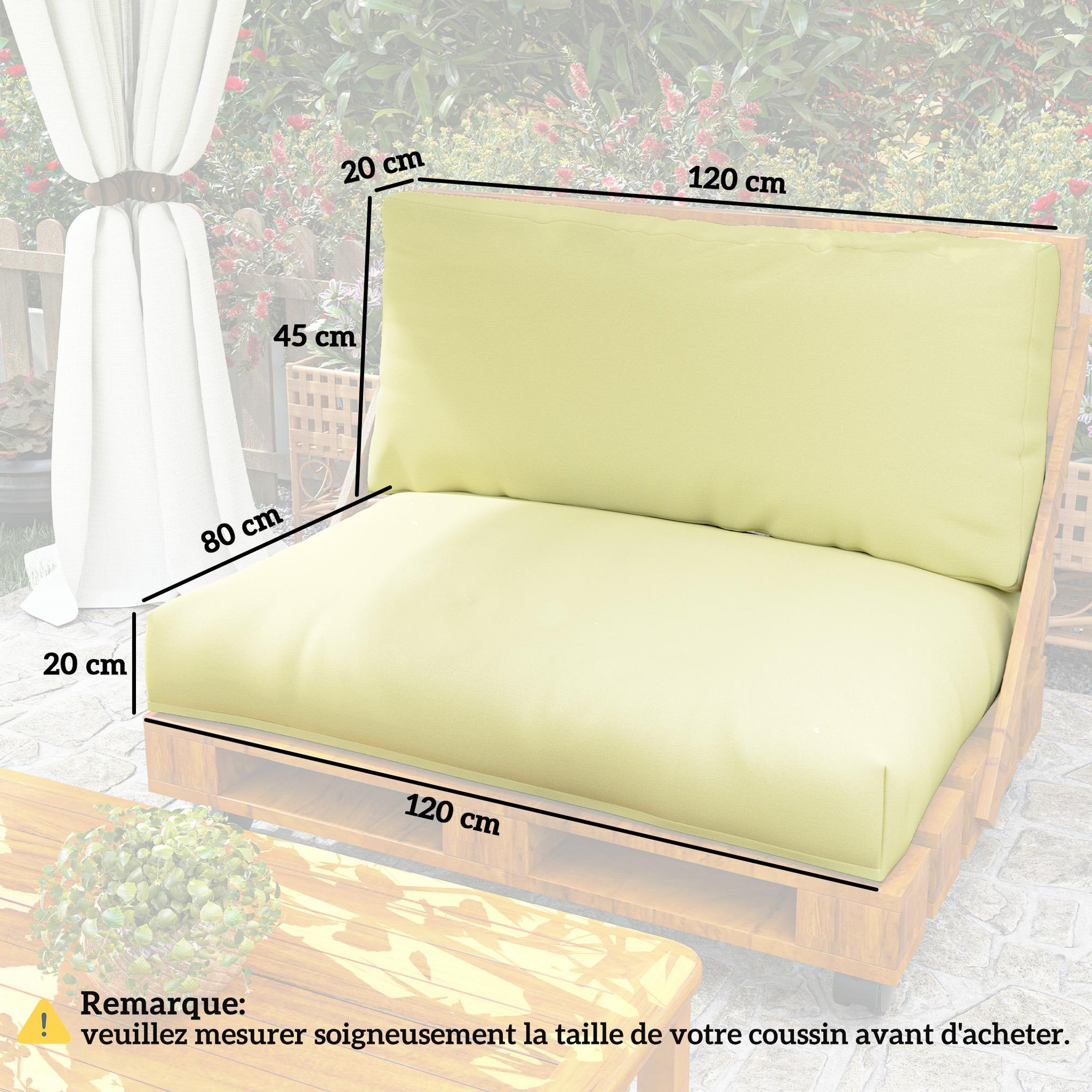 Voir la diapositive 3 : OUTSUNNY Coussins palette 2 places - coussins de palettes assise 120 x 80 cm dossier 120 x 45 cm - épaisseur 20 cm - tissu écru