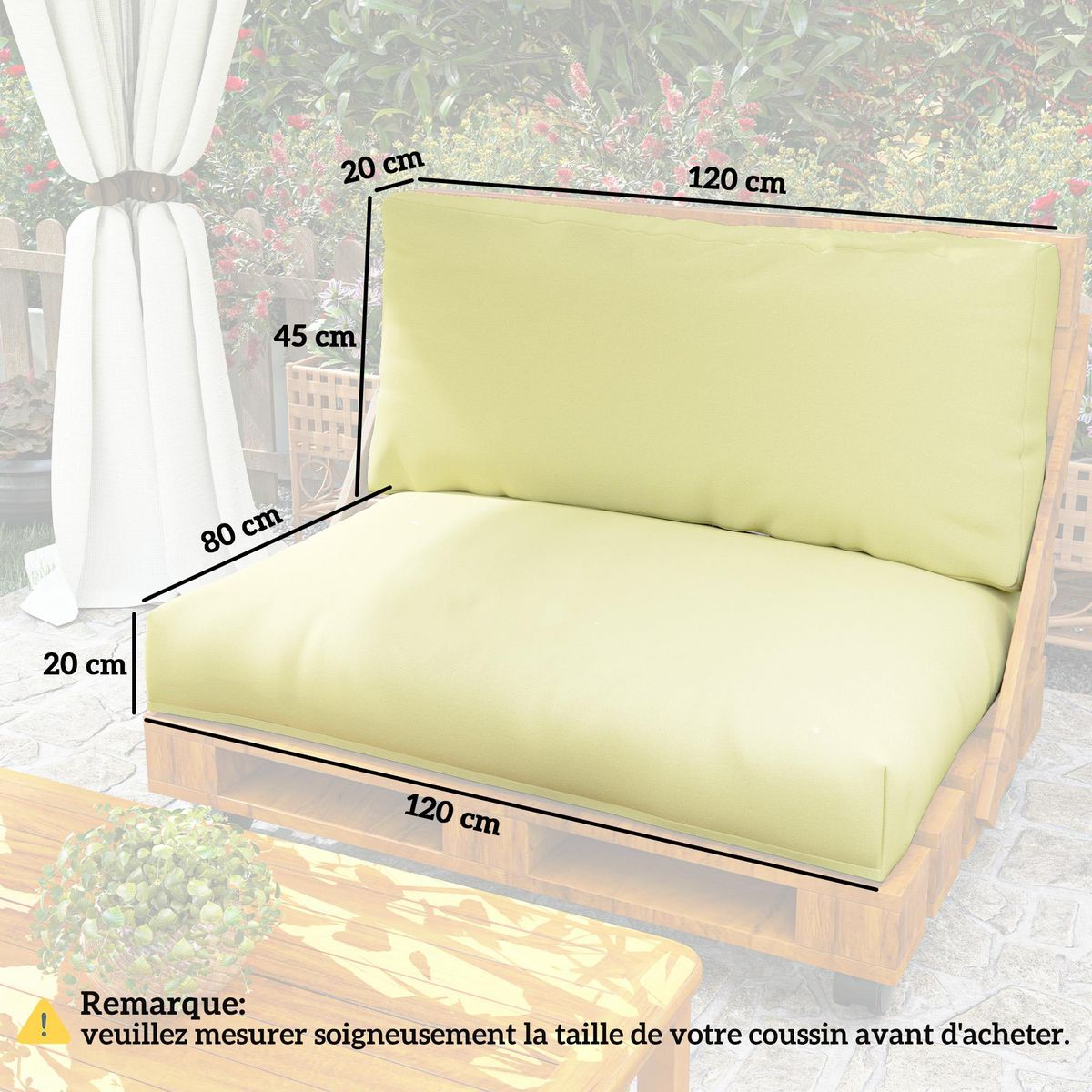 OUTSUNNY Coussins palette 2 places - coussins de palettes assise 120 x 80 cm dossier 120 x 45 cm - épaisseur 20 cm - tissu écru