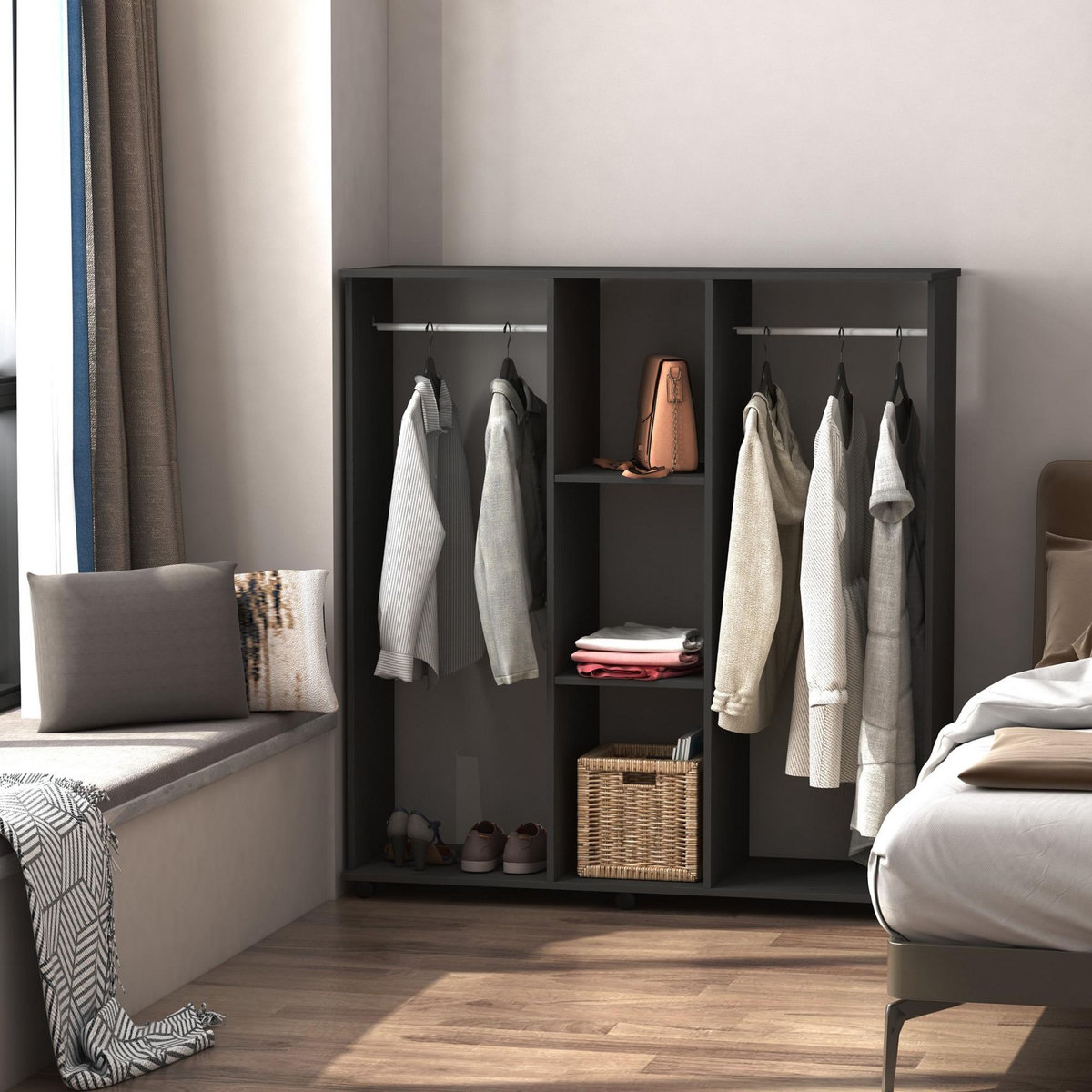 HOMCOM Armoire penderie meuble de rangement mobile 6 roulettes 120L x 40l x 128H cm panneaux de particules aspect bois noir