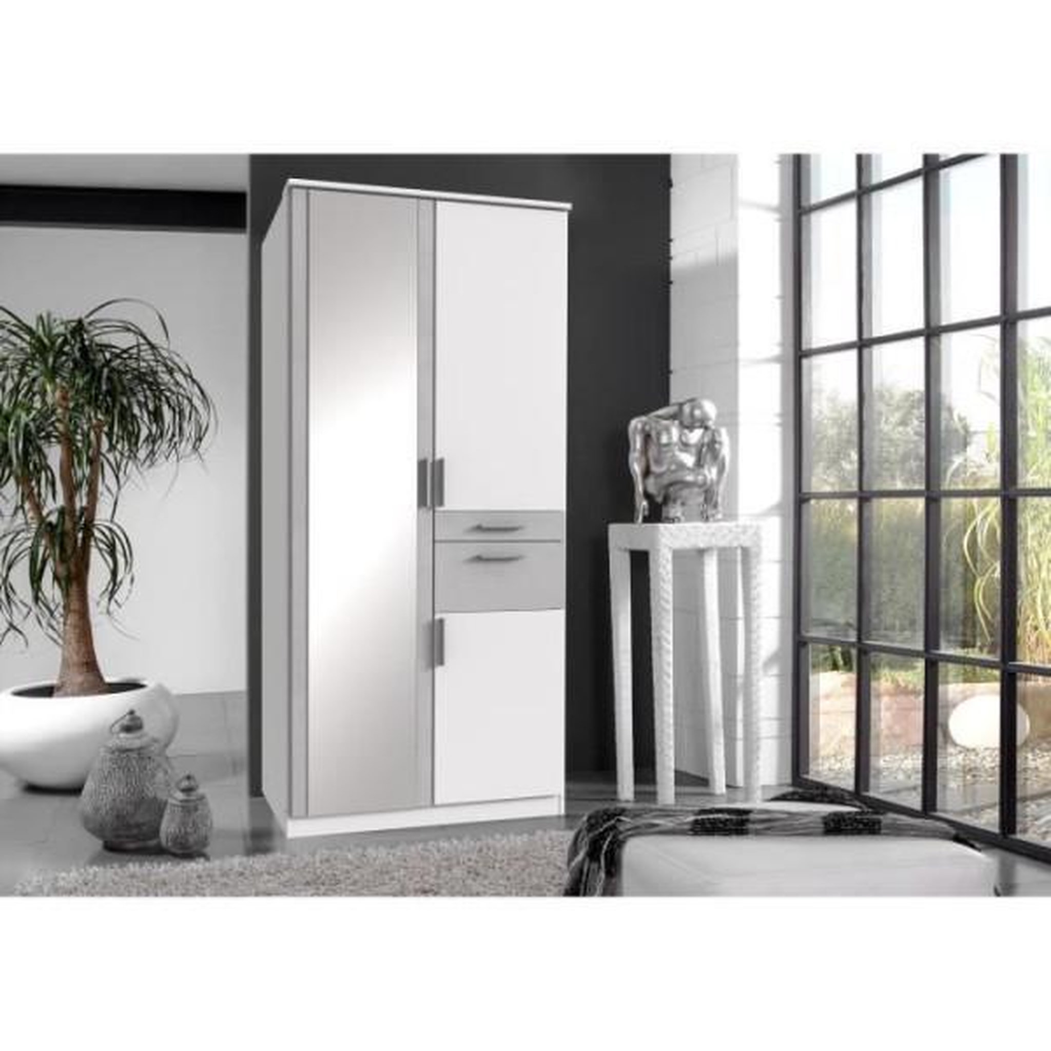 Voir la diapositive 2 : N/A Armoire Décor Blanc & béton gris - 3 portes battantes - Miroir - 2 tiroirs - L90 x P58 x H199 cm - VOLOS
