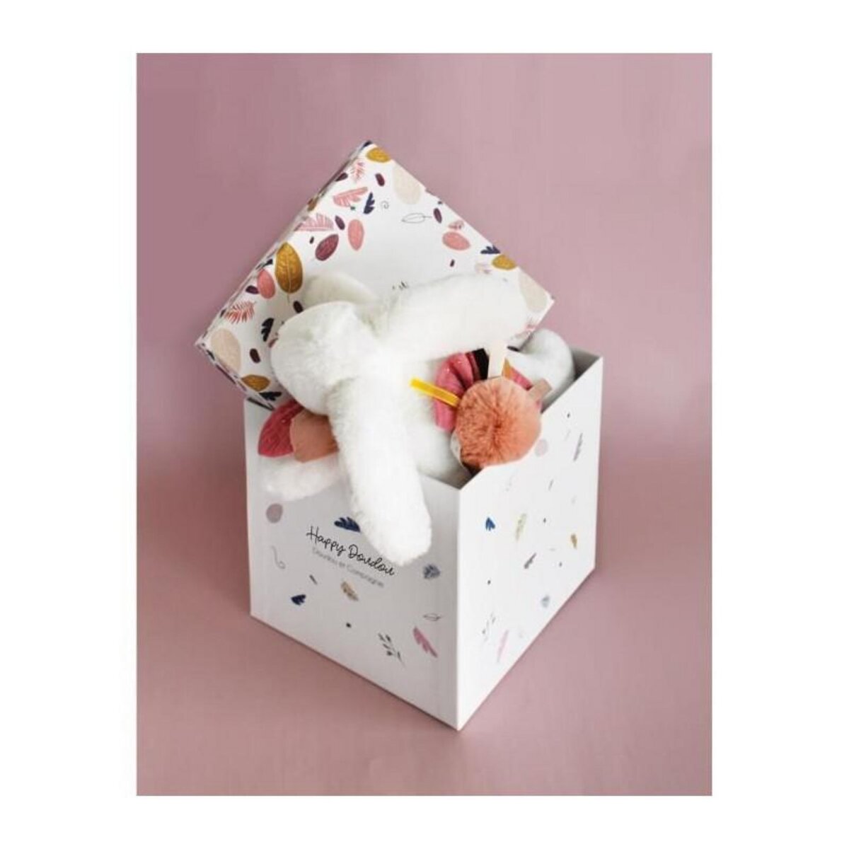 DOUDOU ET COMPAGNIE Doudou et Compagnie - Peluche Lapin - 25 cm - Lapin Pompom Blanc/Terracotta -  Jolie Boite Cadeau - Happy Boho - Happy Doudou To