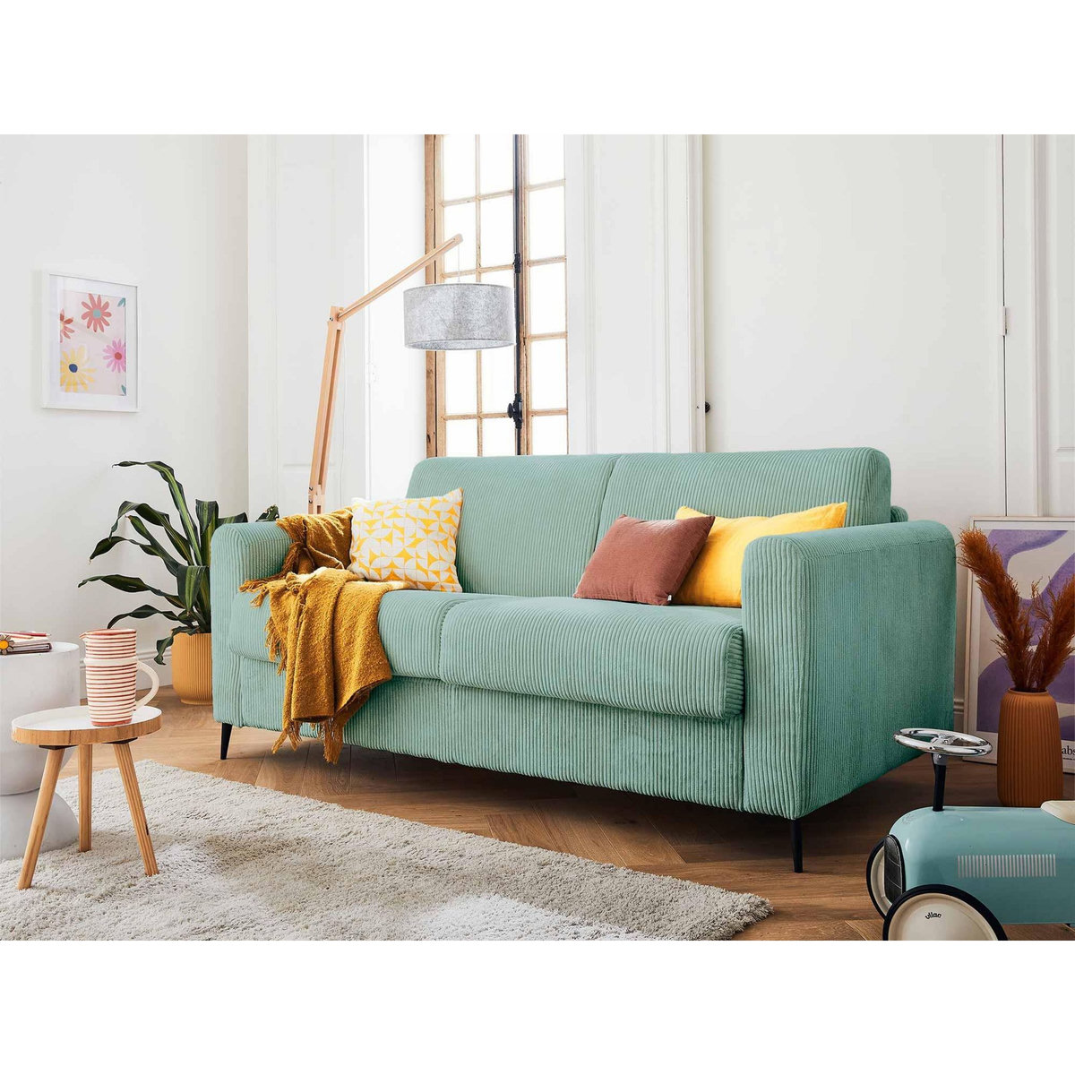 LISA DESIGN Owen - canapé 3 places convertible express couchage quotidien 140 cm matelas 12 cm en velours côtelé