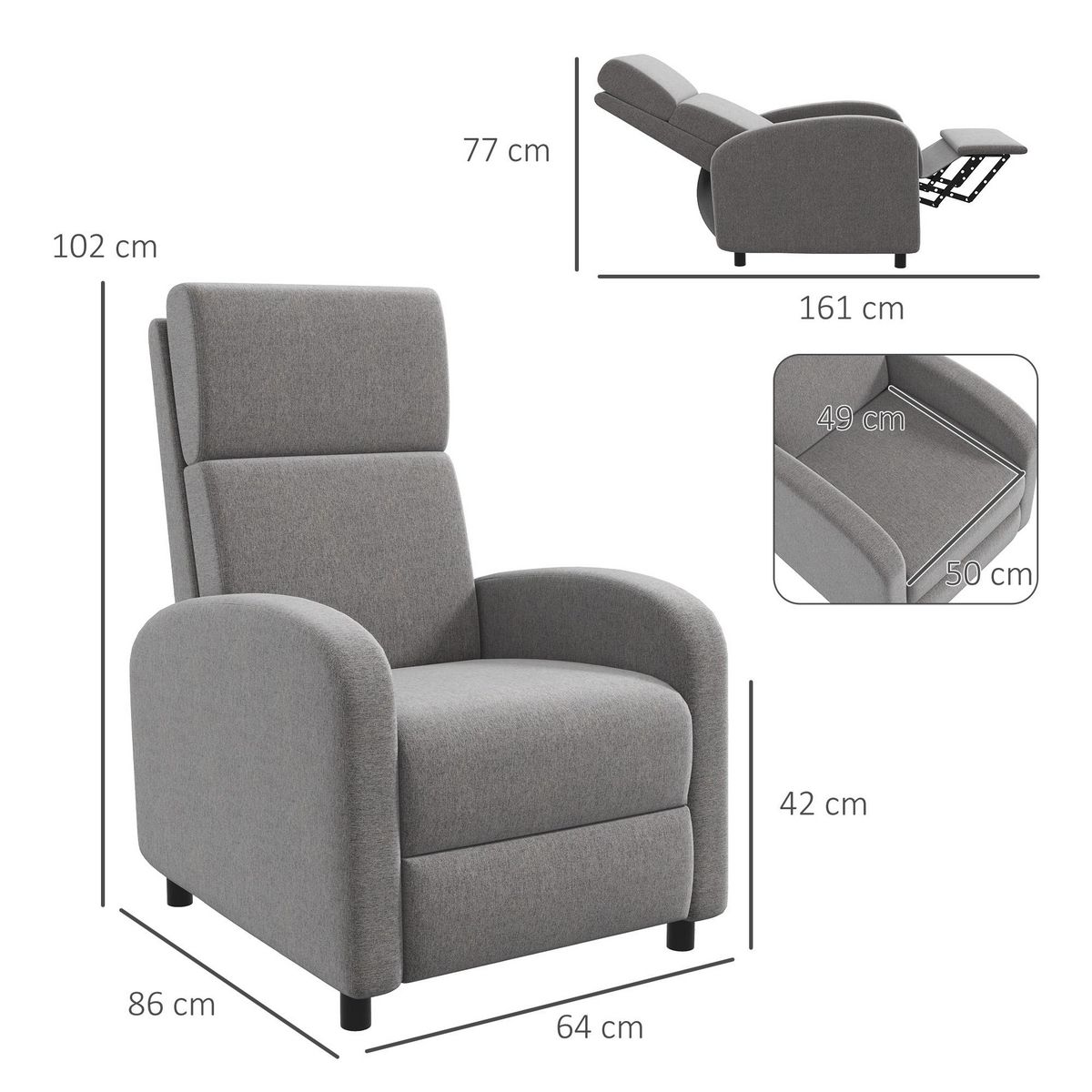 HOMCOM Fauteuil de relaxation inclinable réglable repose-pied tissu gris