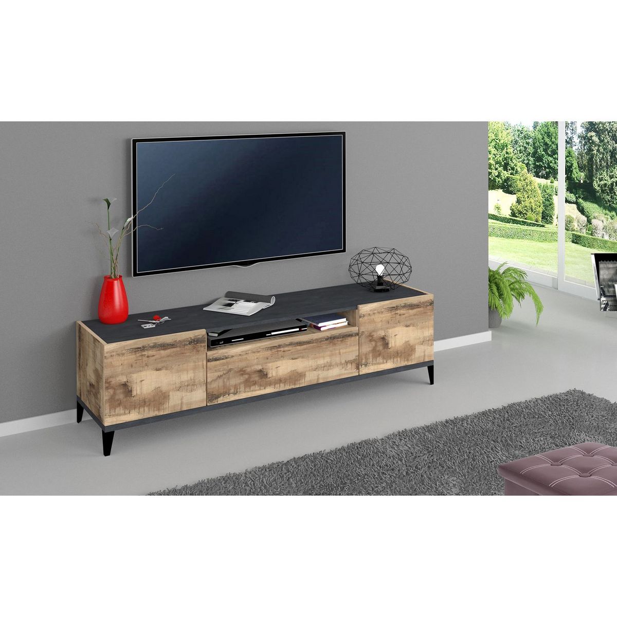 Meuble TV moderne 1 porte 1 tiroir L160cm BARI