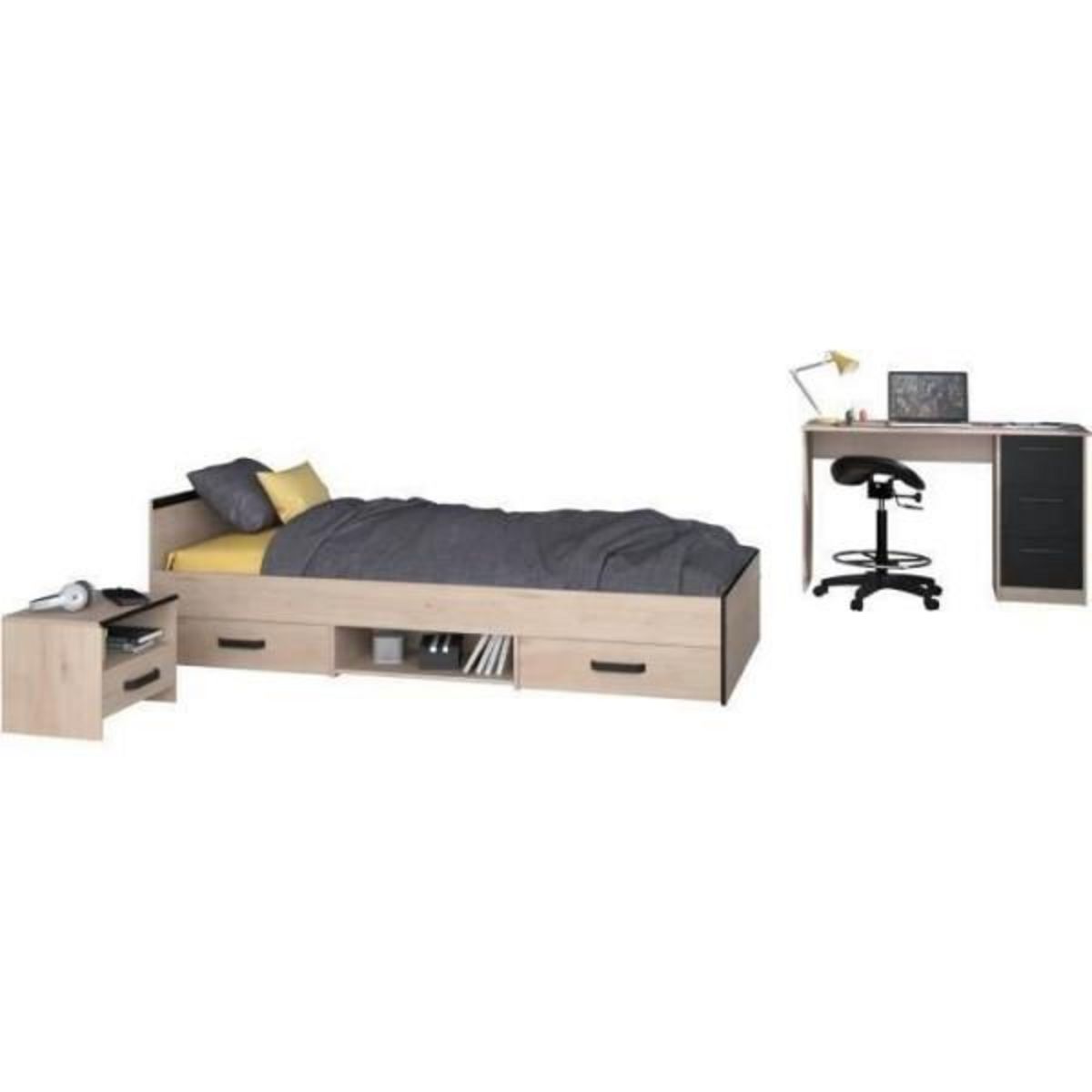 PARISOT Chambre complete enfant 3 pieces ZODIAC - Lit + chevet + bureau - Décor chene/noir - PARISOT