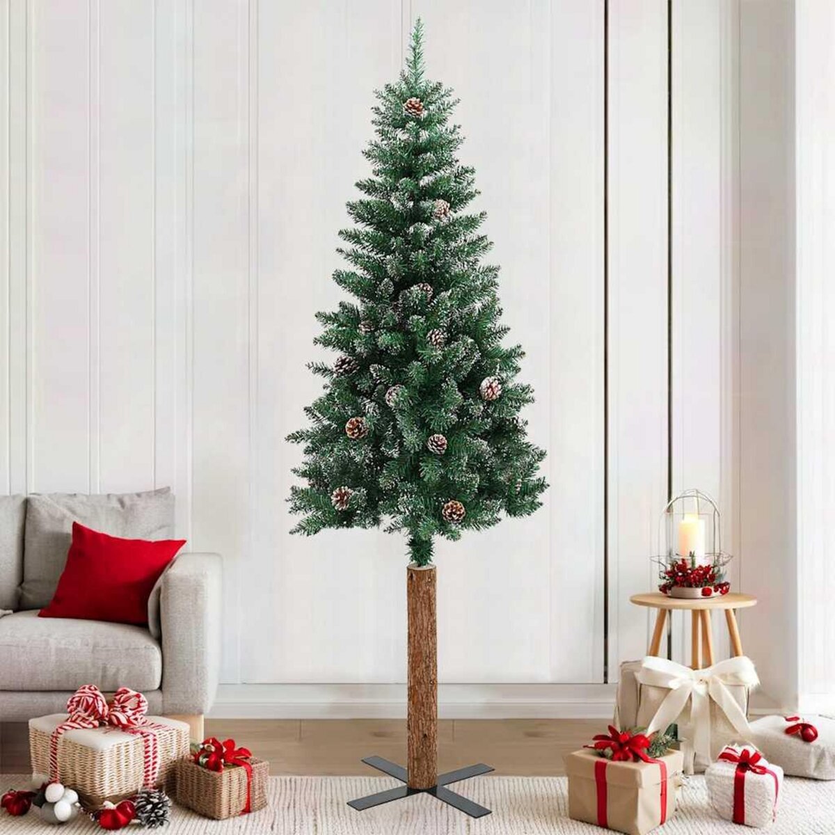 VIDAXL Sapin de Noël mince bois veritable et neige blanche vert 210 cm