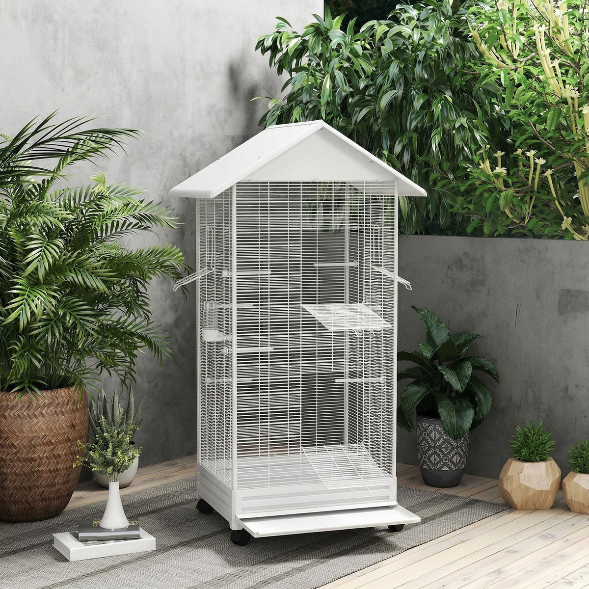 PAWHUT Cage à oiseaux sur roulettes tiroir amovible acier blanc