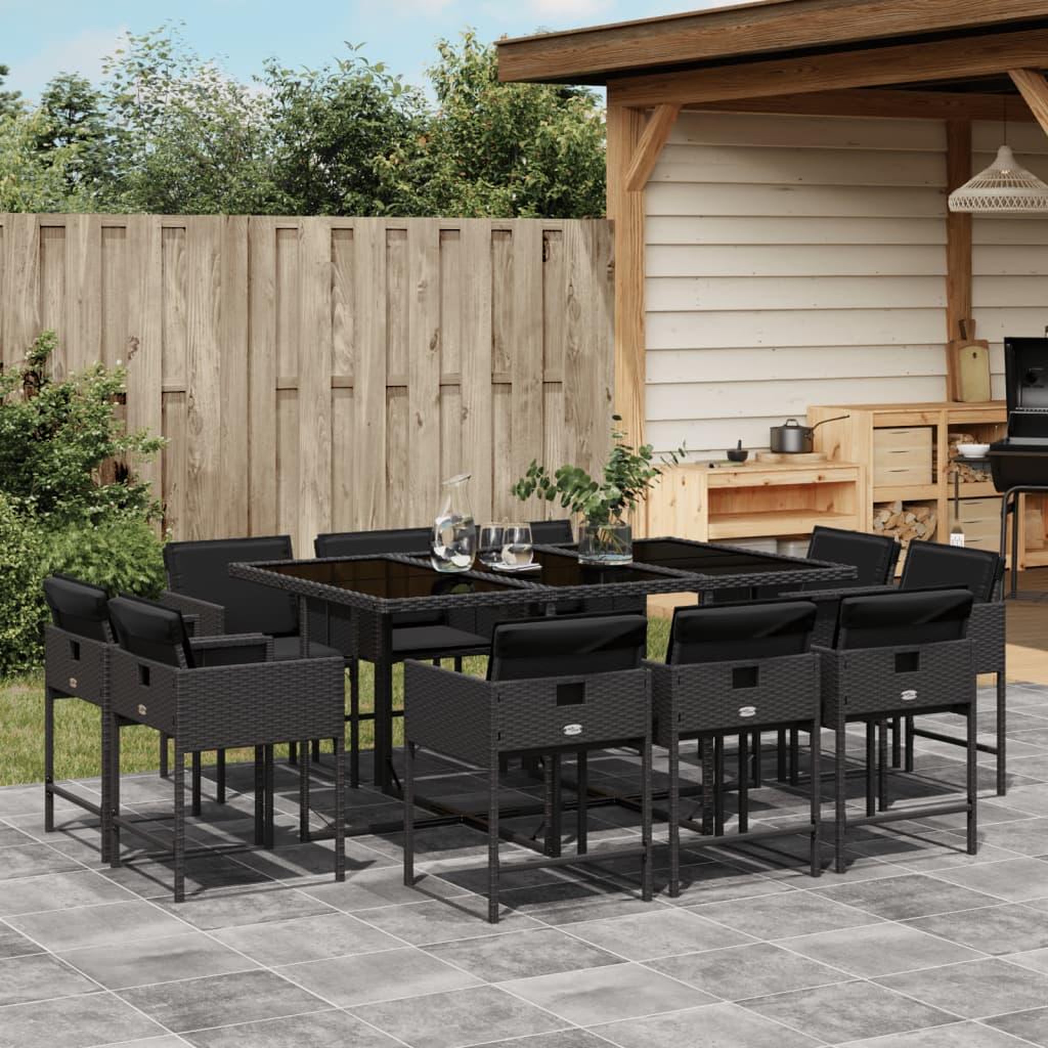 VIDAXL Ensemble a manger de jardin 11 pcs coussins noir resine tressee