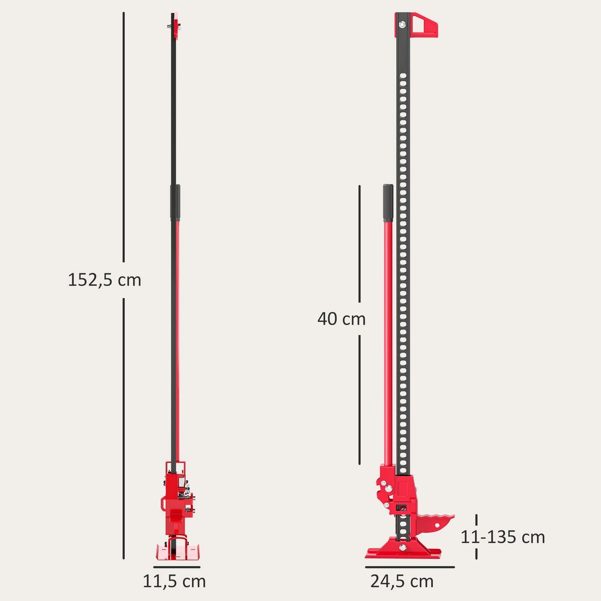 HOMCOM Cric farm jack charge max. 3000 Kg - hauteur de levage 11-135 cm - cric à crémaillère acier rouge noir