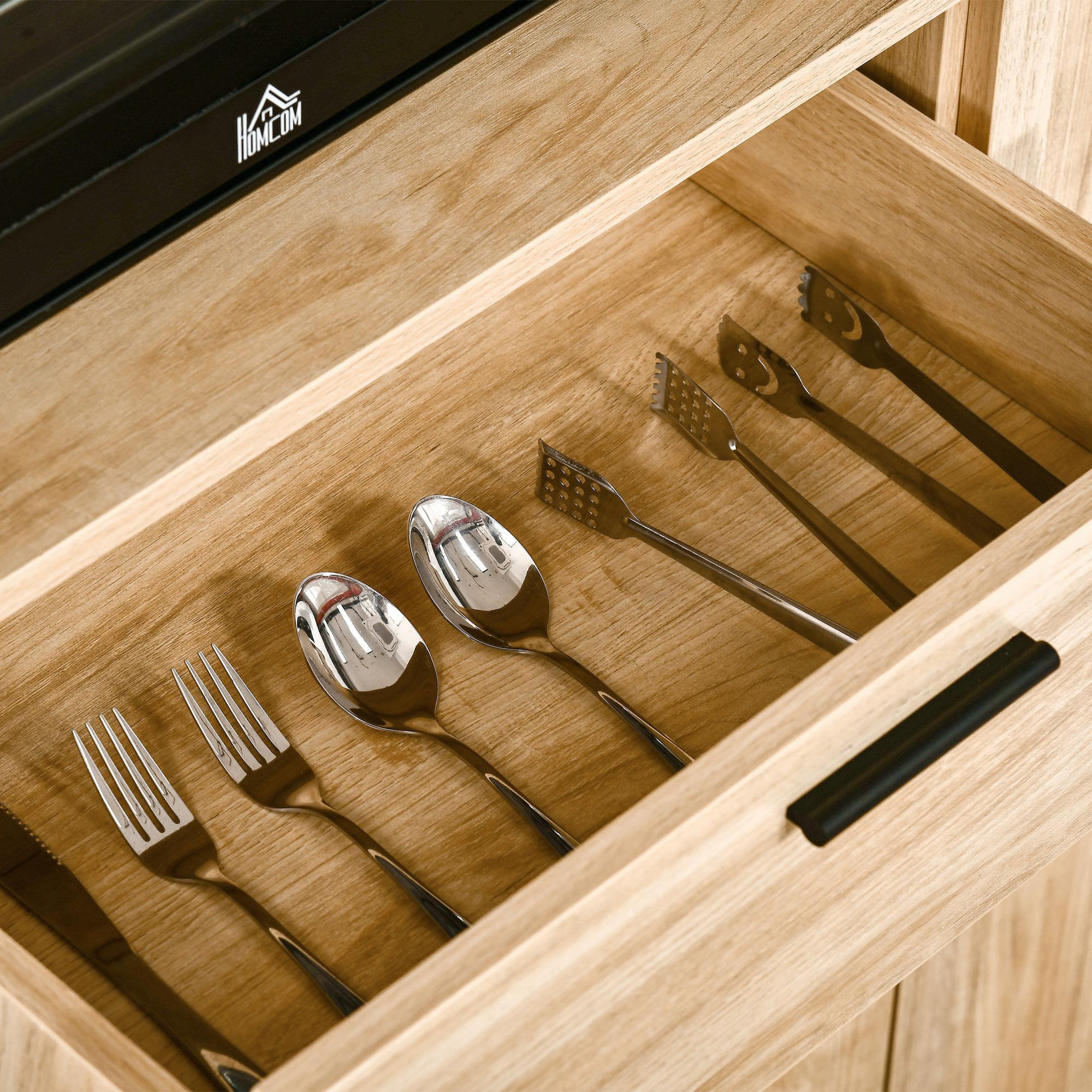 Voir la diapositive 5 : HOMCOM Buffet haut - armoire de cuisine multi-rangement - 3 portes, 4 niches, tiroir - piètement métal noir panneaux particules aspect bois clair