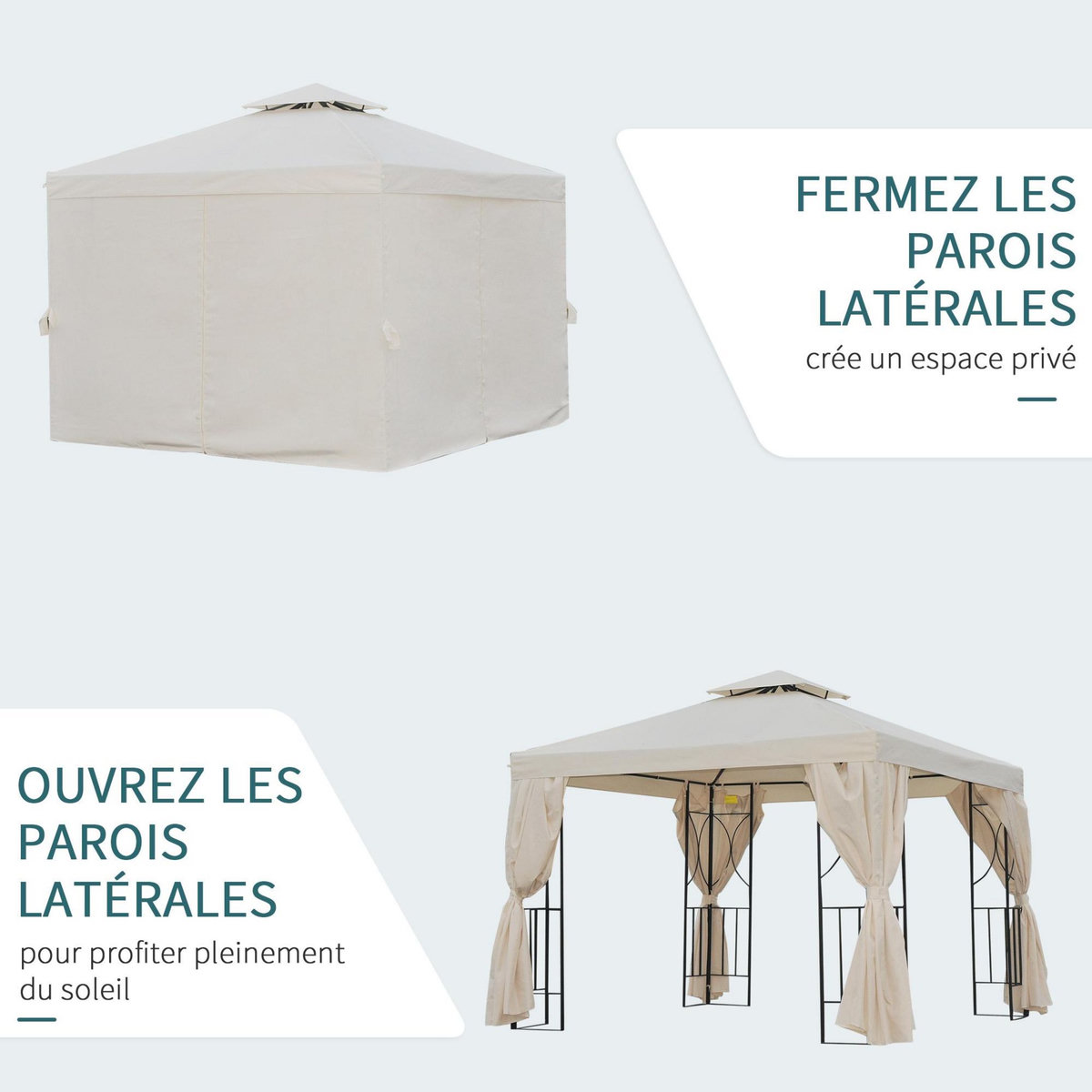 OUTSUNNY Tonnelle barnum style colonial double toit toiles latérales amovibles 2,95L x 2,95l x 2,65H m beige noir