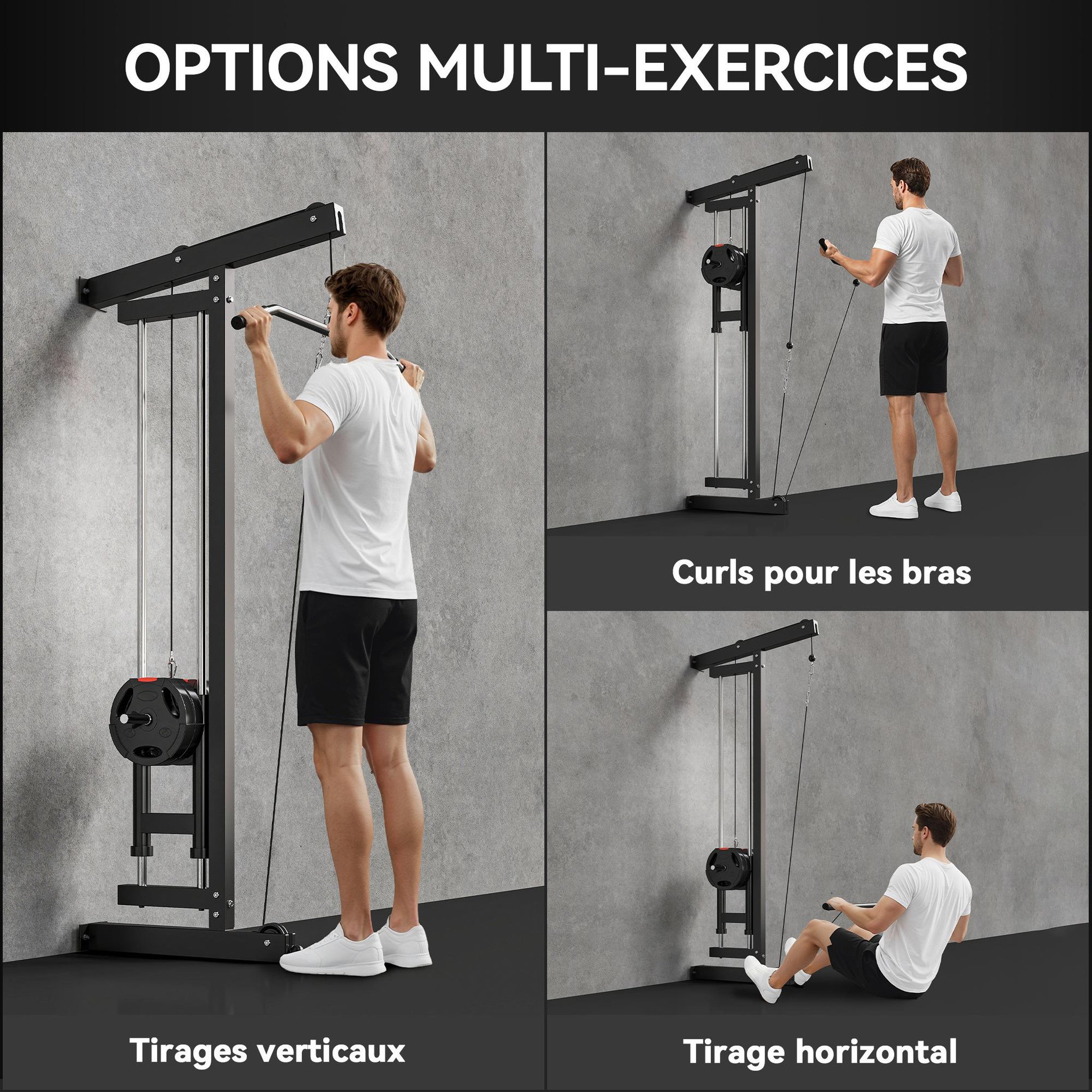 Voir la diapositive 6 : HOMCOM Lat pulldown machine poulie haute et basse - home lat machine murale - charge par disques