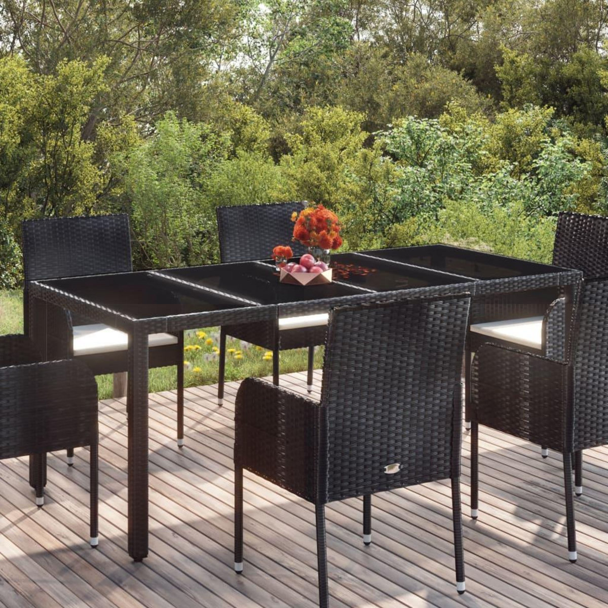 VIDAXL Table de jardin dessus en verre Noir 190x90x75cm Resine tressee