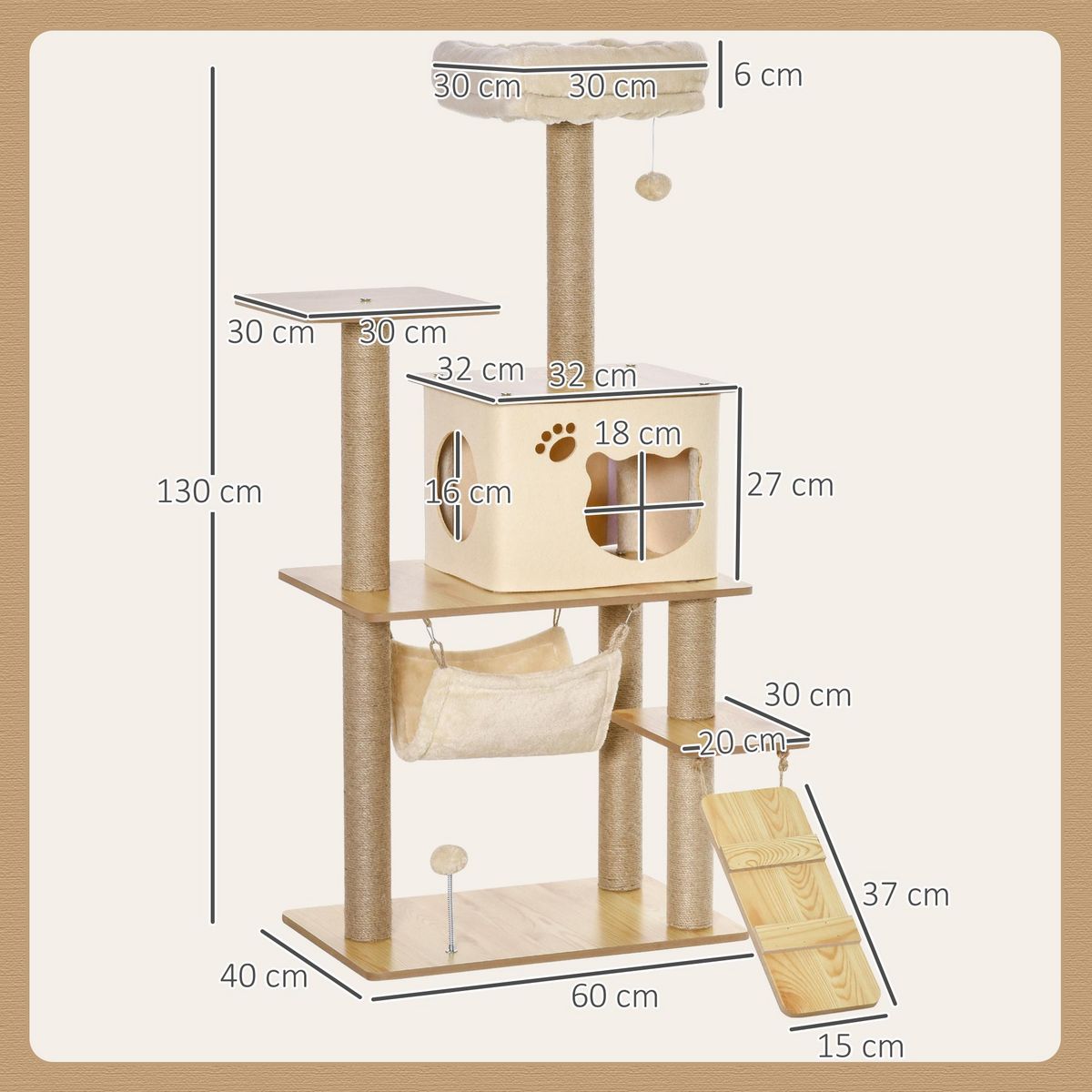 PAWHUT Arbre à chat design effet bois naturel H.130cm nombreux équipements jouets