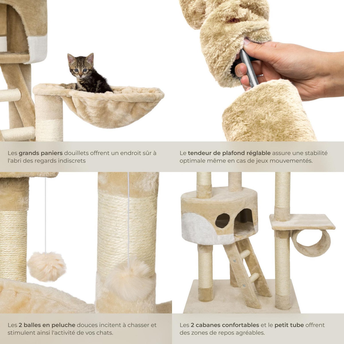 tectake Arbre à chat 243 à 260 cm avec griffoir et plateforme d'escalade beige/blanc