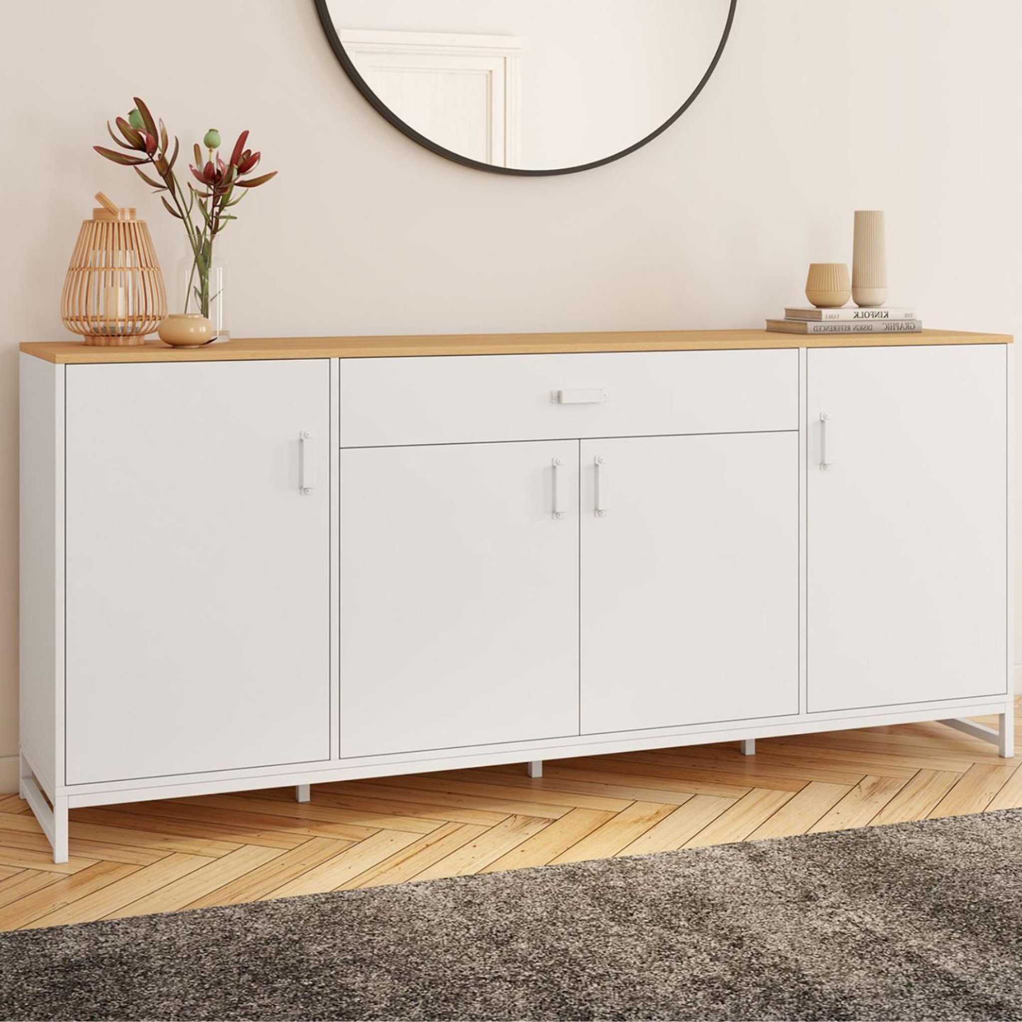 Voir la diapositive 2 : ID MARKET Buffet 180 cm washington xxl 4 portes et 1 tiroir bois et blanc