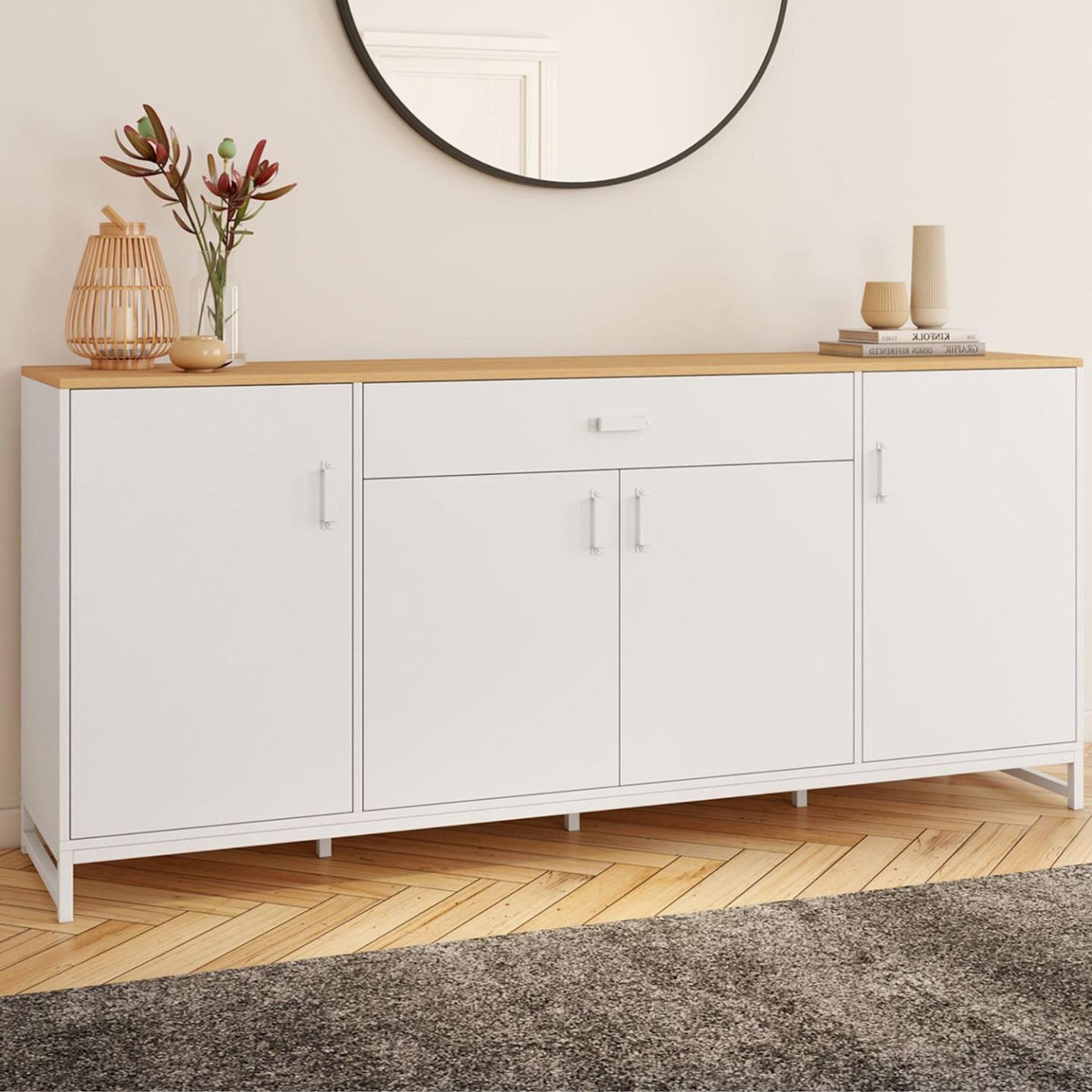 ID MARKET Buffet 180 cm WASHINGTON XXL 4 portes et 1 tiroir bois et blanc