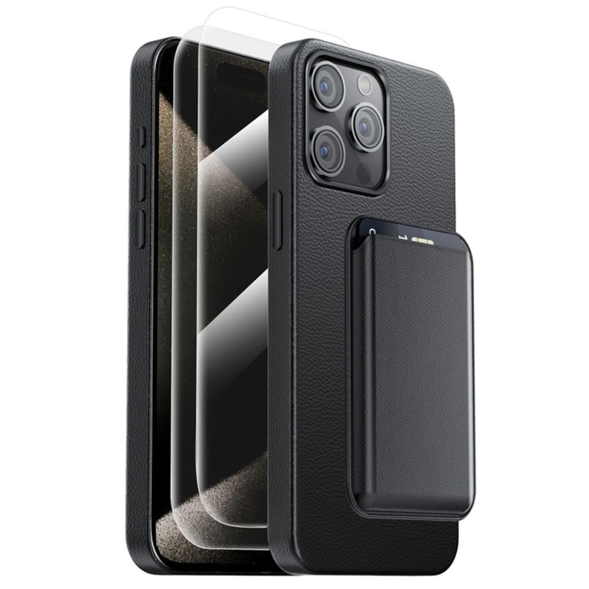 Coque portefeuille magnétique cuir noir pour iPhone 15 Pro Max 6,7  avec 2 protège-écrans verre trempé