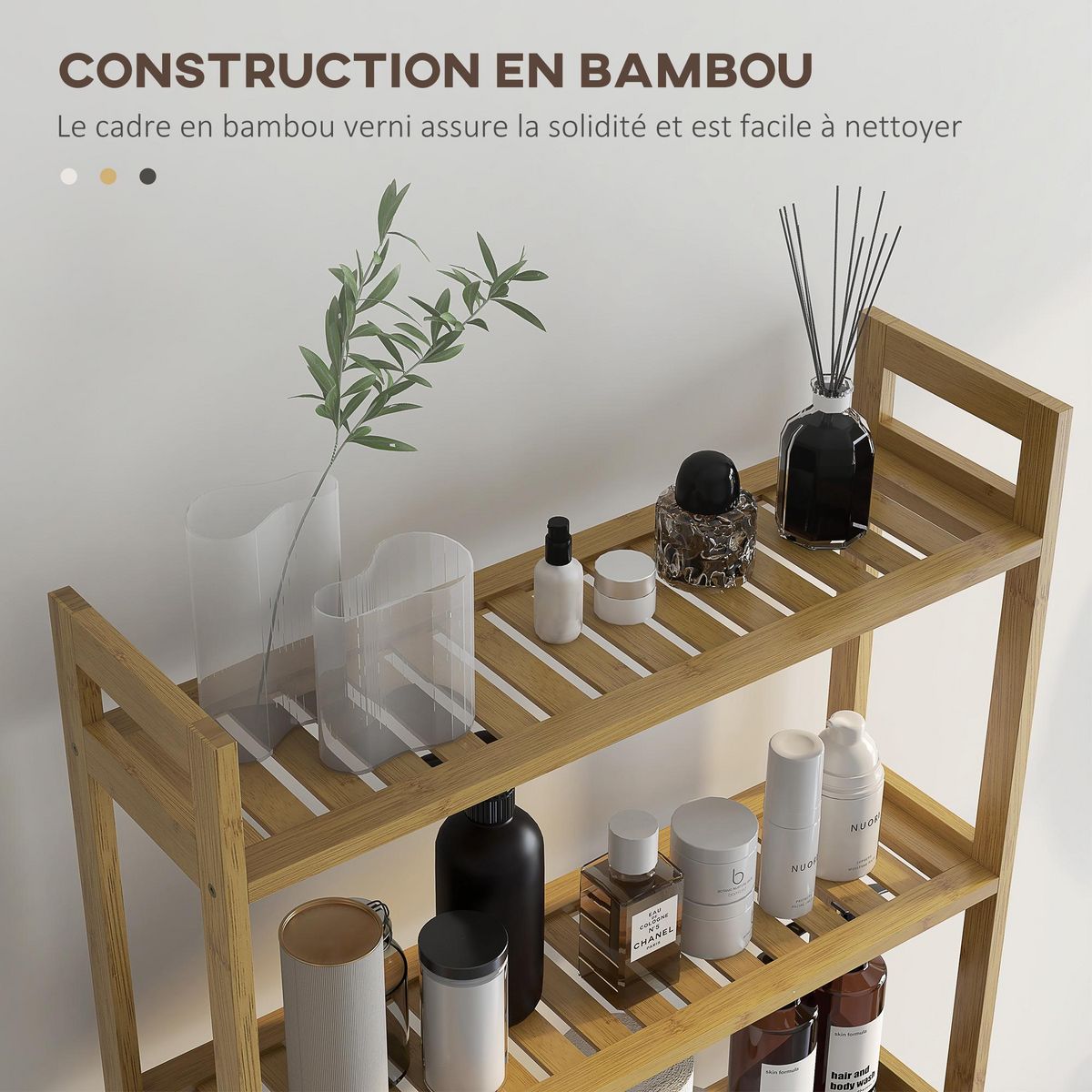 KLEANKIN Étagère de toilettes WC 3 niveaux style cosy bambou